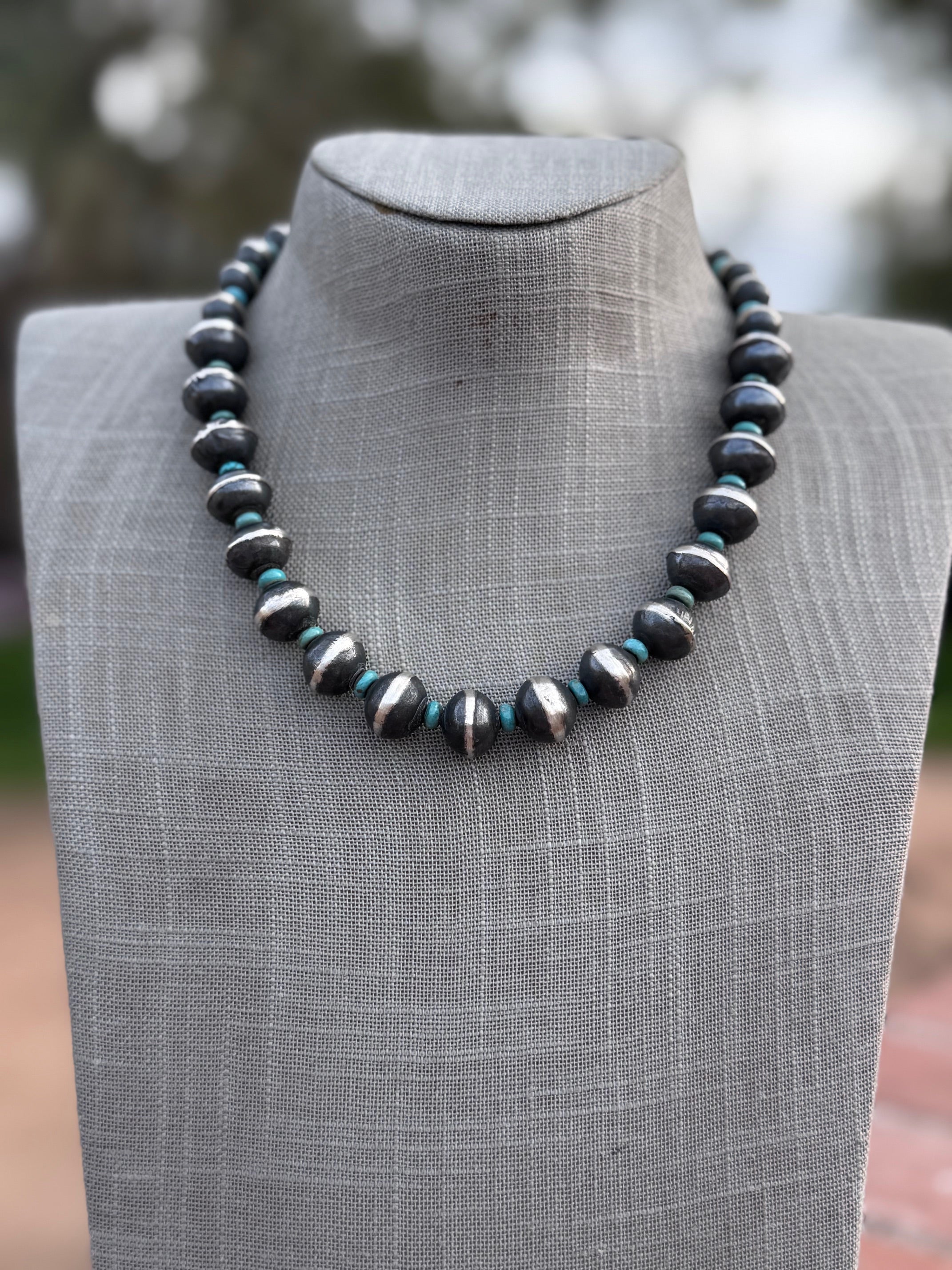 Handcrafted Kingman Turquoise & Sterling Silver Saucer Pearls 8-12mm Beaded Necklace 18"