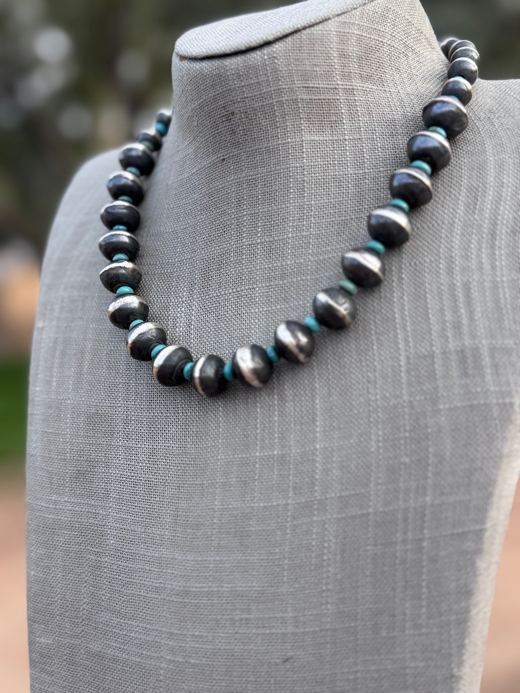 Handcrafted Kingman Turquoise & Sterling Silver Saucer Pearls 8-12mm Beaded Necklace 18"