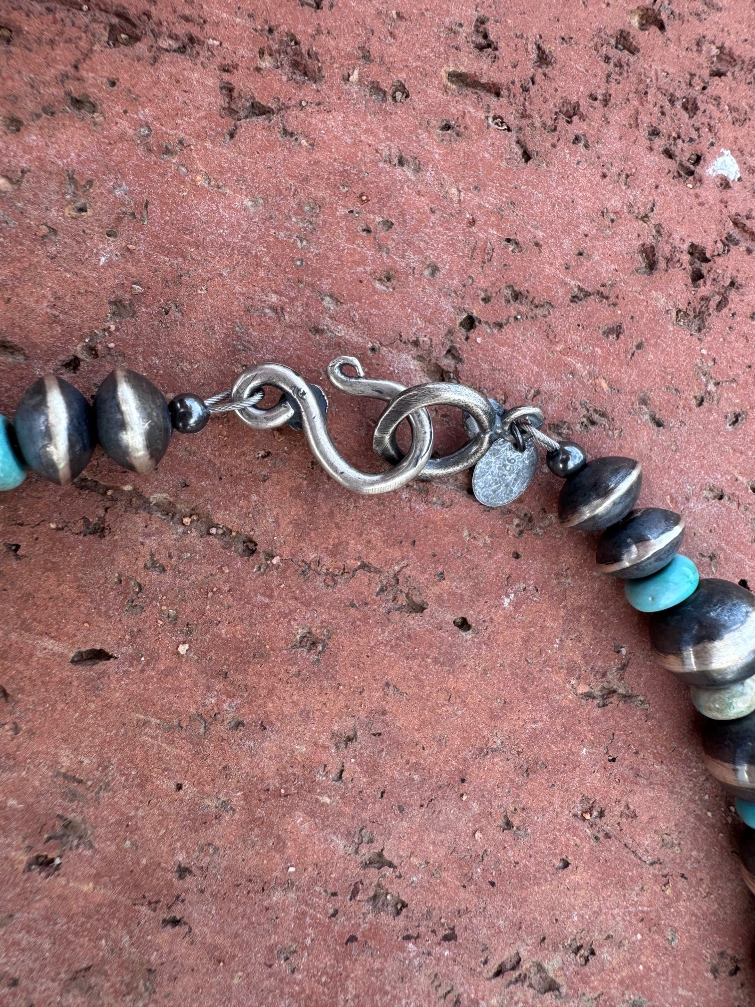 Handcrafted Kingman Turquoise & Sterling Silver Saucer Pearls 8-12mm Beaded Necklace 18"