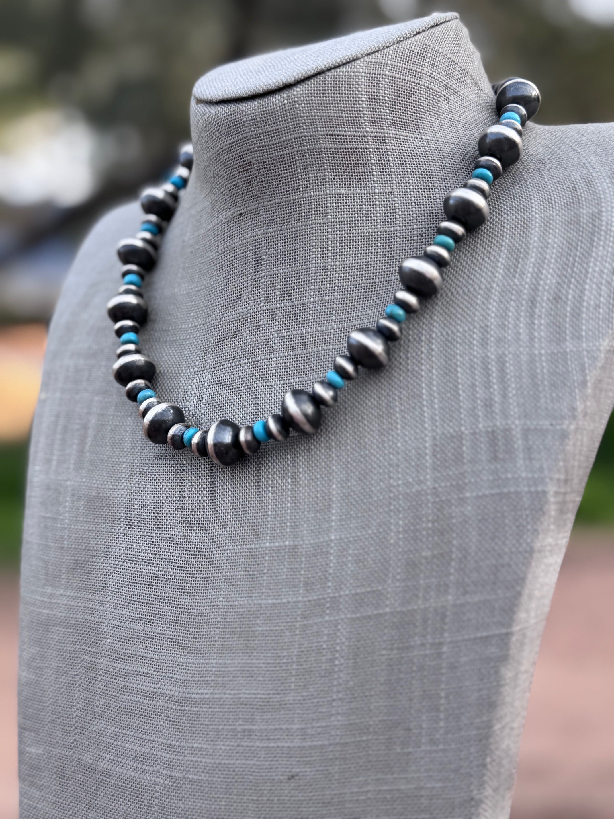 Handcrafted Kingman Turquoise & Sterling Silver Saucer Pearls 8-12mm Beaded Necklace 18"