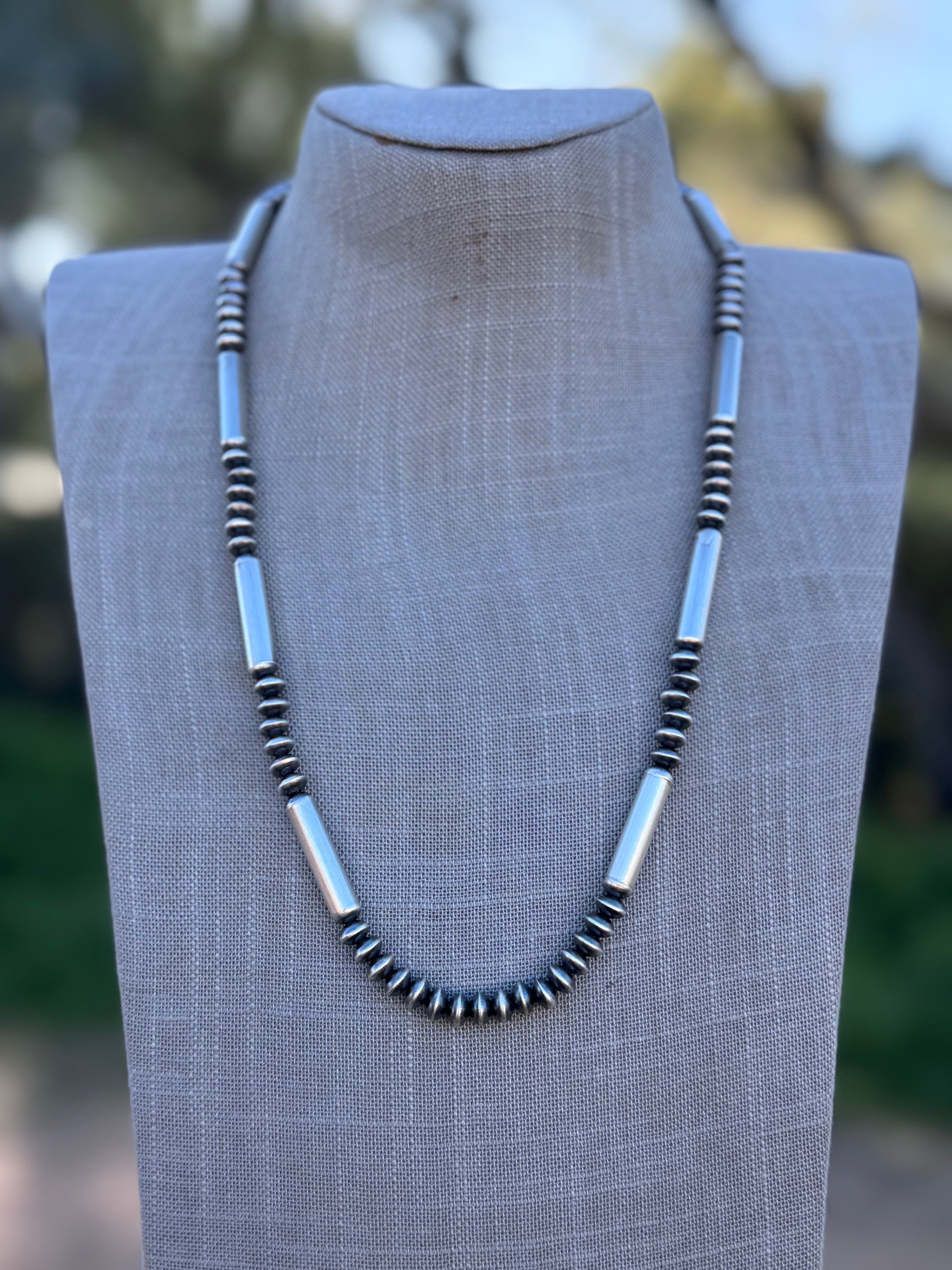 Handcrafted Sterling Silver Barrel & Saucer Beaded Necklace 24"