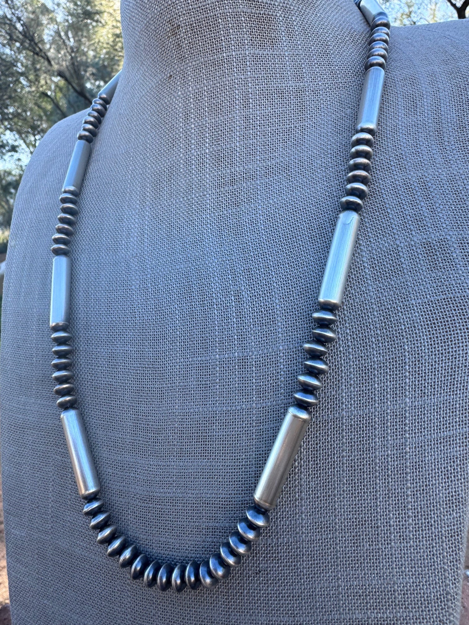 Handcrafted Sterling Silver Barrel & Saucer Beaded Necklace 24"