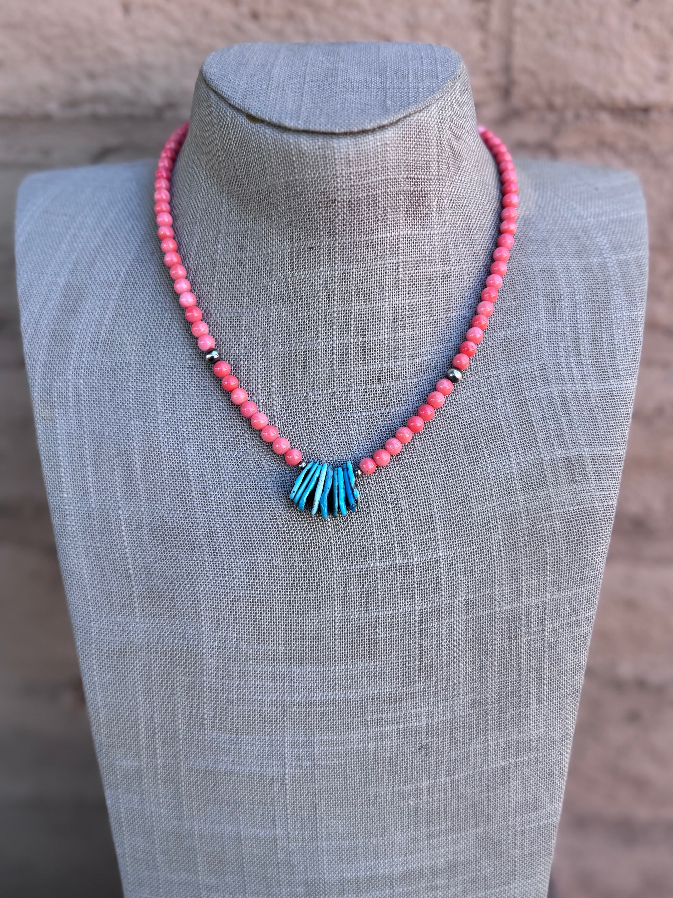 Handcrafted Turquoise, Spiny & Sterling Silver Beaded Necklace 17"