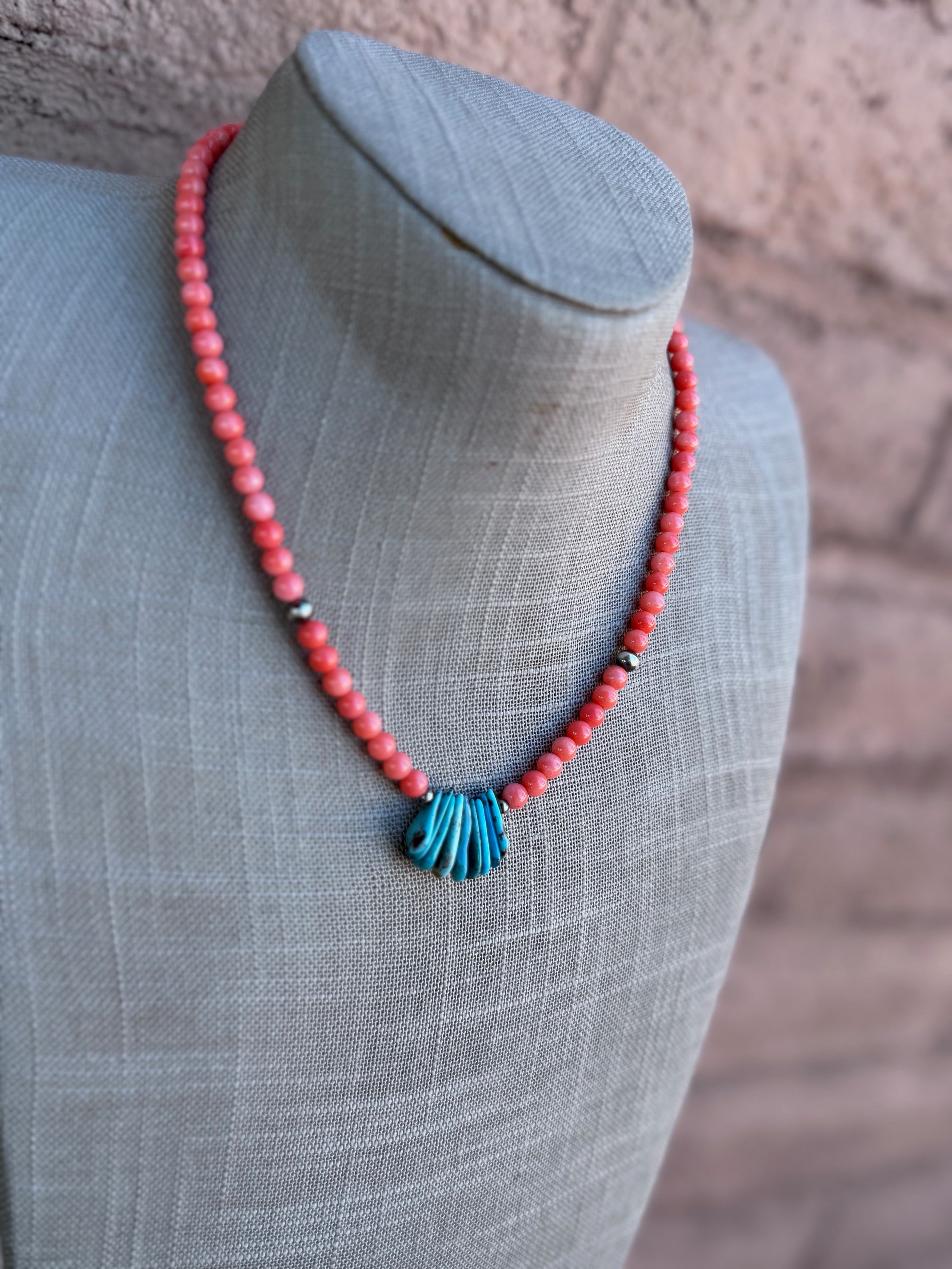 Handcrafted Turquoise, Spiny & Sterling Silver Beaded Necklace 17"