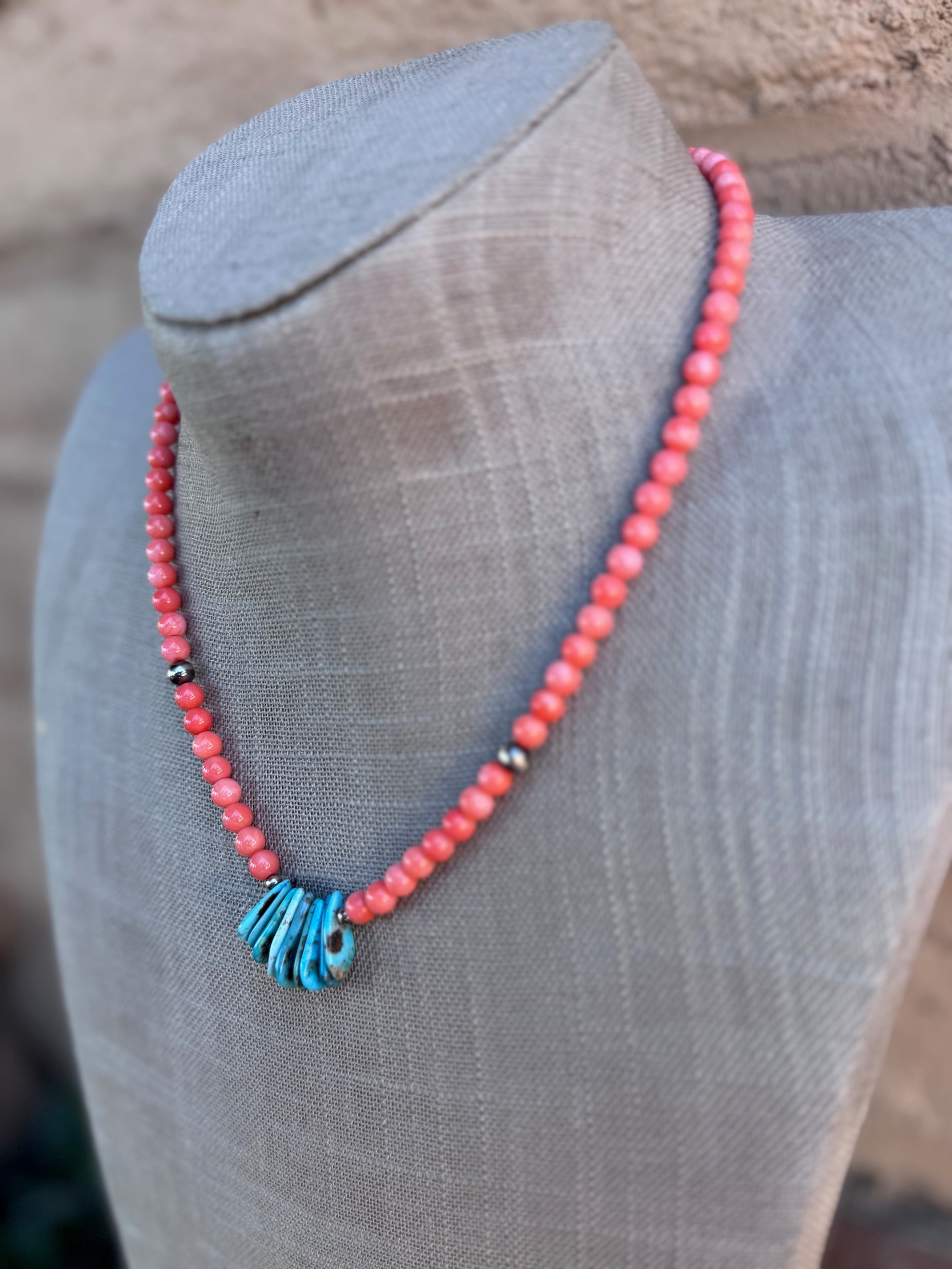 Handcrafted Turquoise, Spiny & Sterling Silver Beaded Necklace 17"