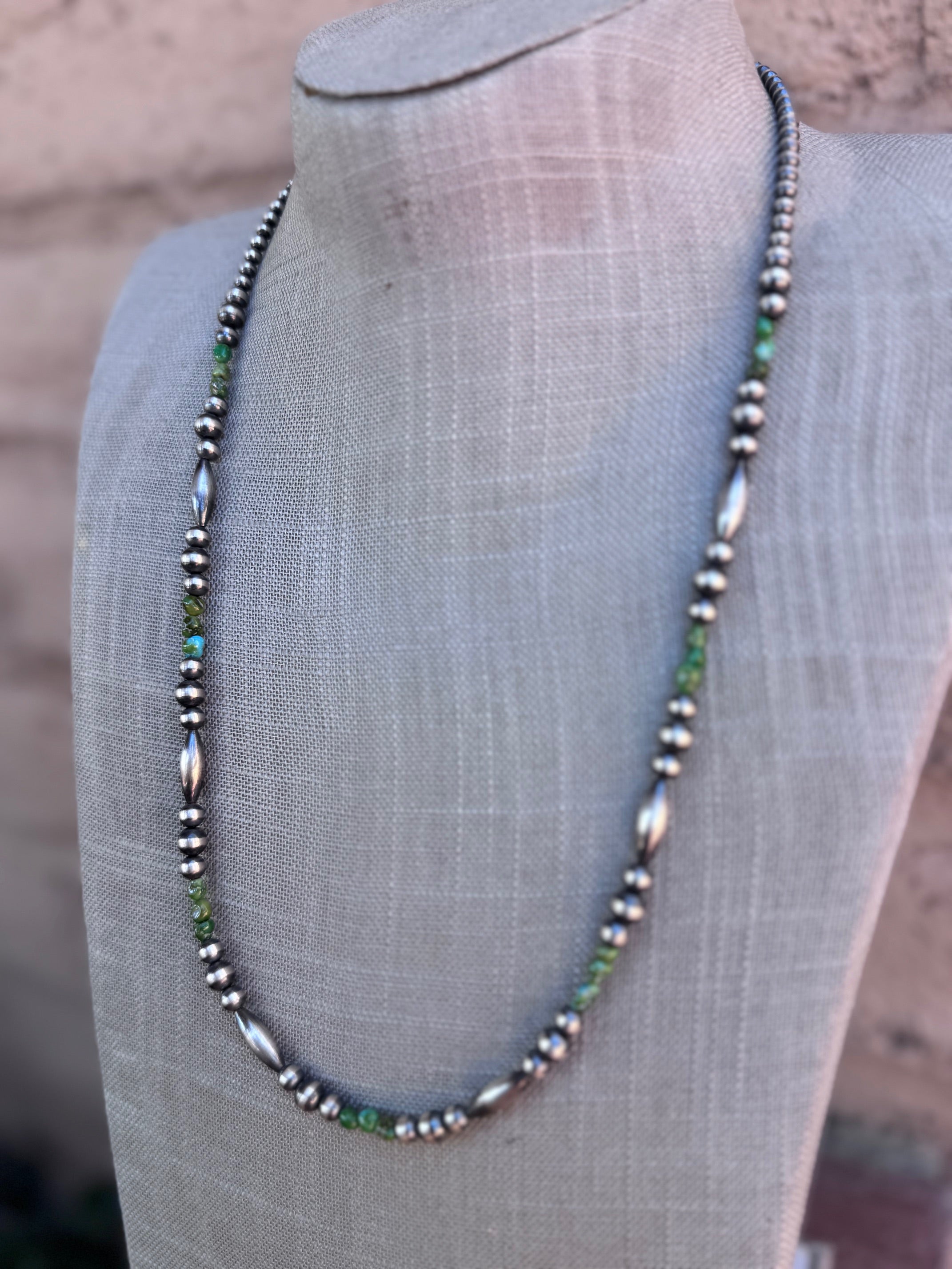 Handcrafted Royston Turquoise Sterling Silver 4-6mm Beaded Necklace 24"