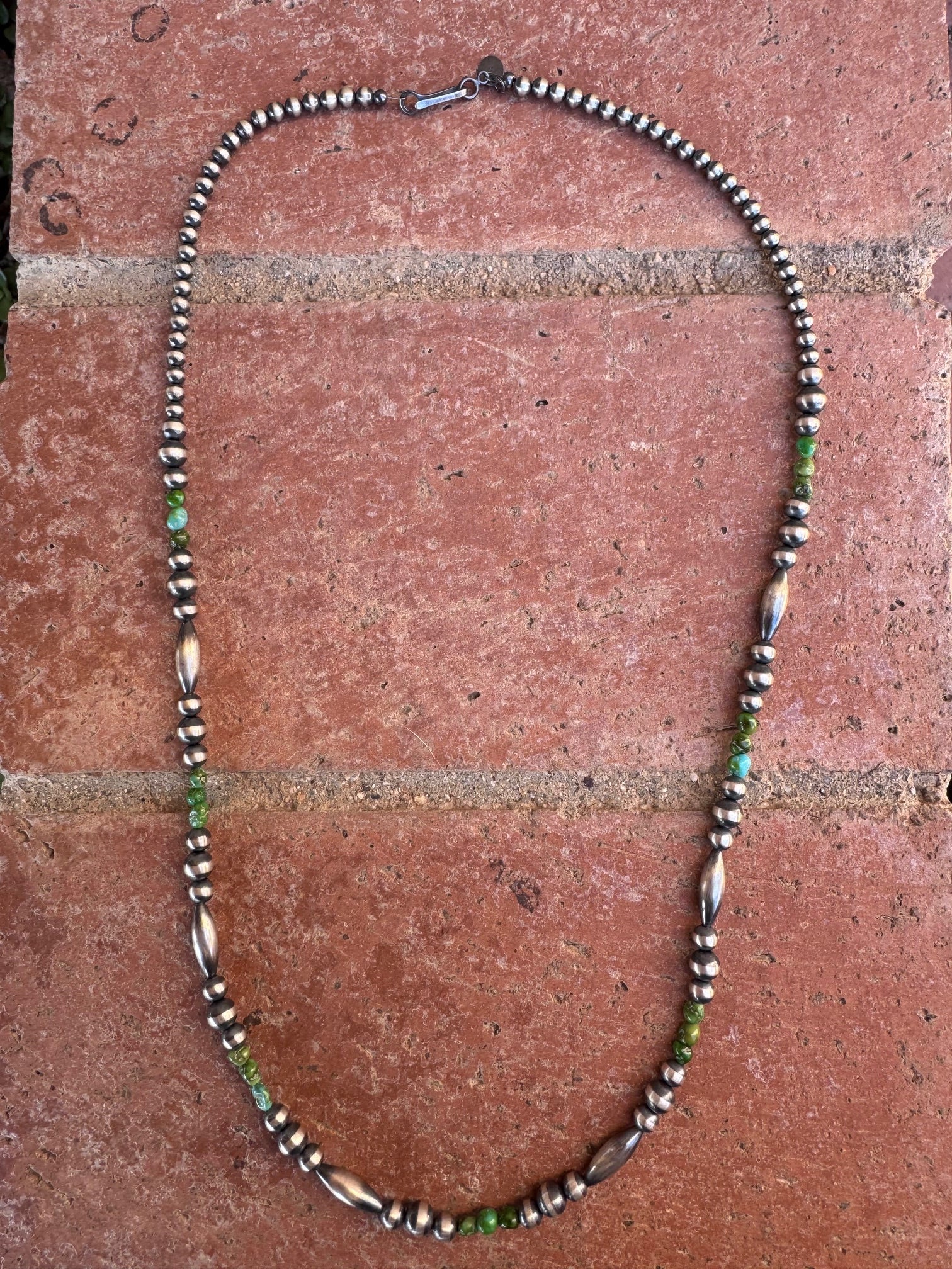 Handcrafted Royston Turquoise Sterling Silver 4-6mm Beaded Necklace 24"