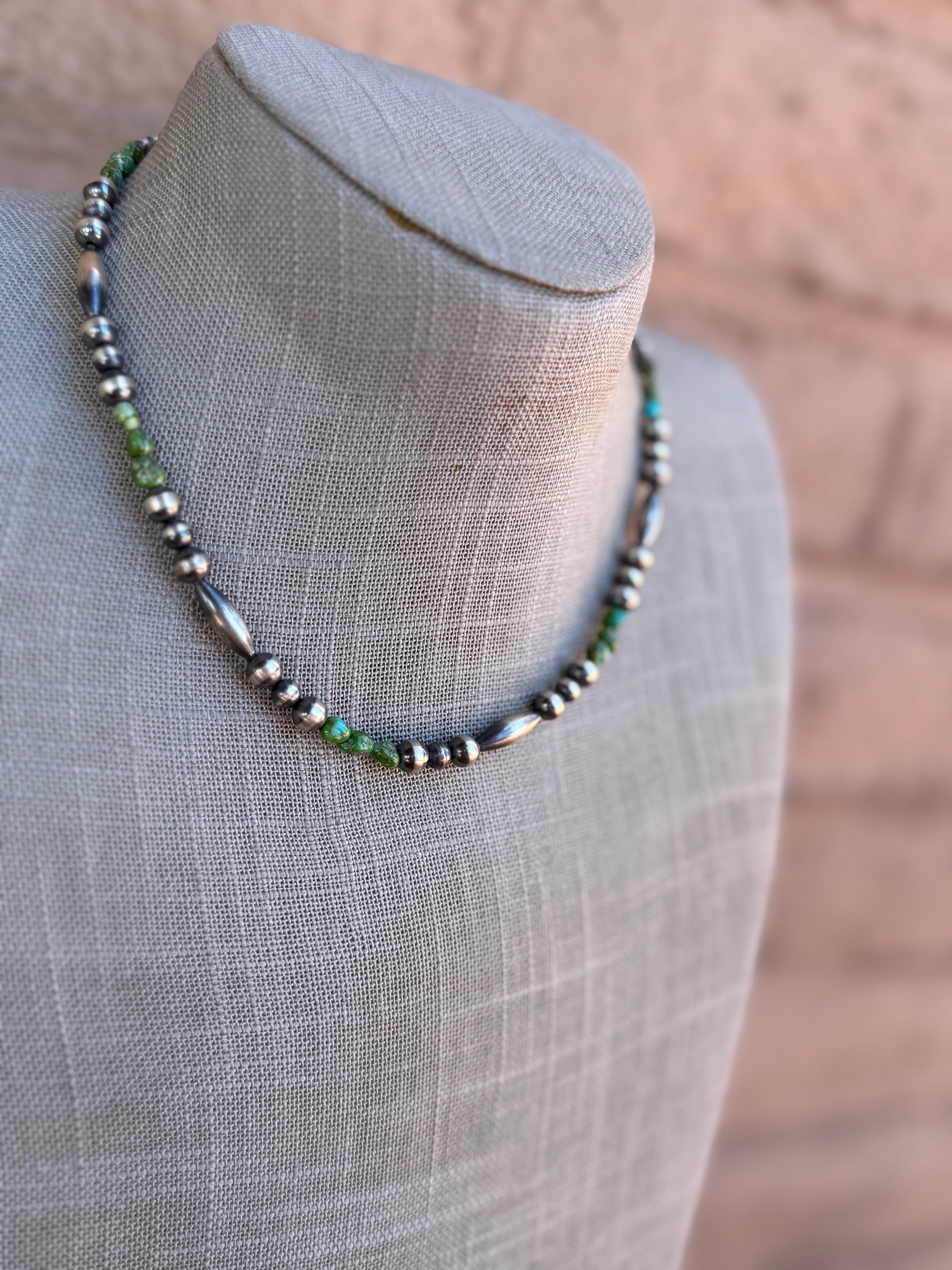 Handcrafted Royston Turquoise Sterling Silver 4-6mm Beaded Necklace 16"