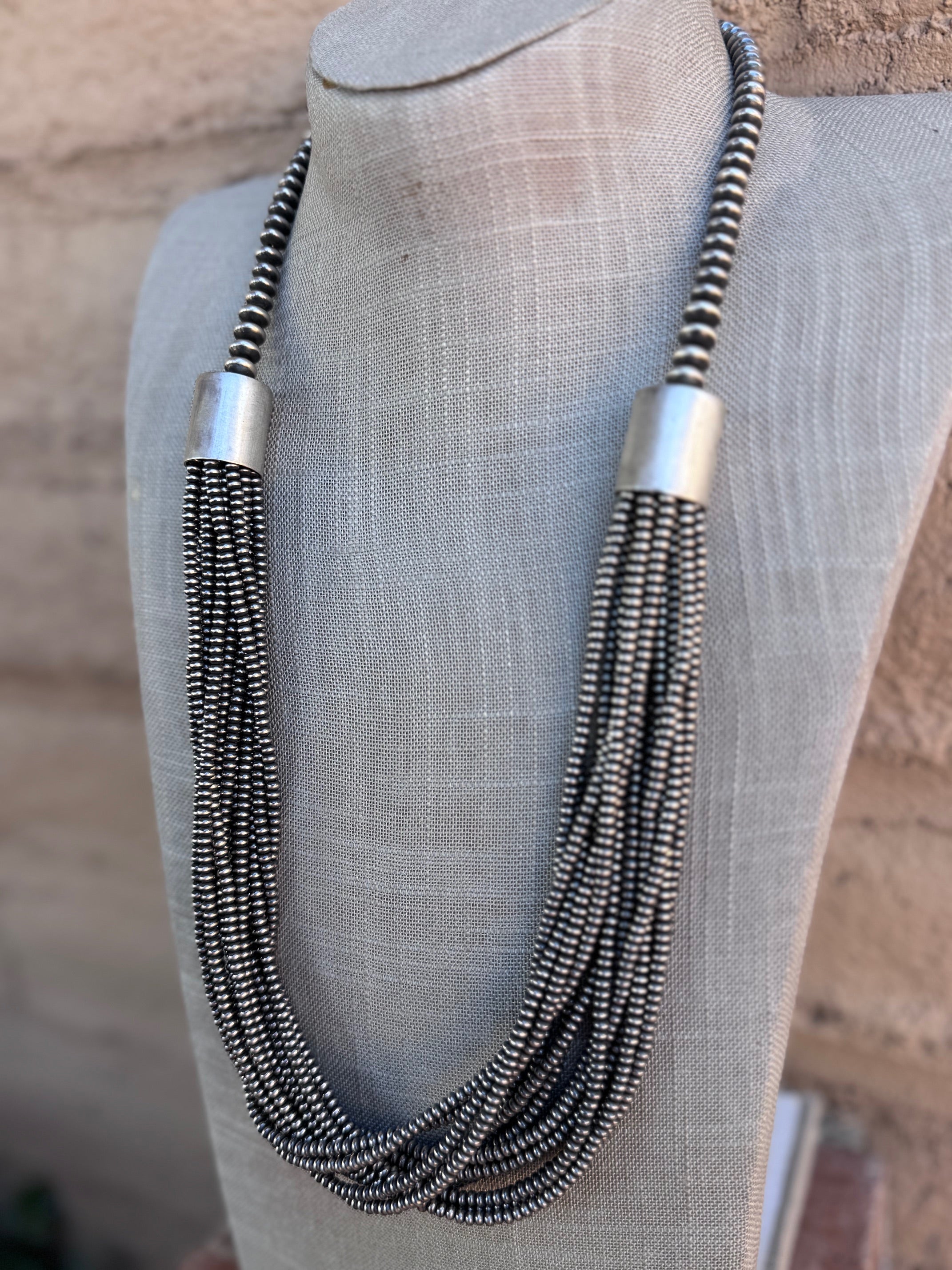 Handcrafted Saucer Pearl Sterling Silver Multi Strand Beaded Necklace 28"