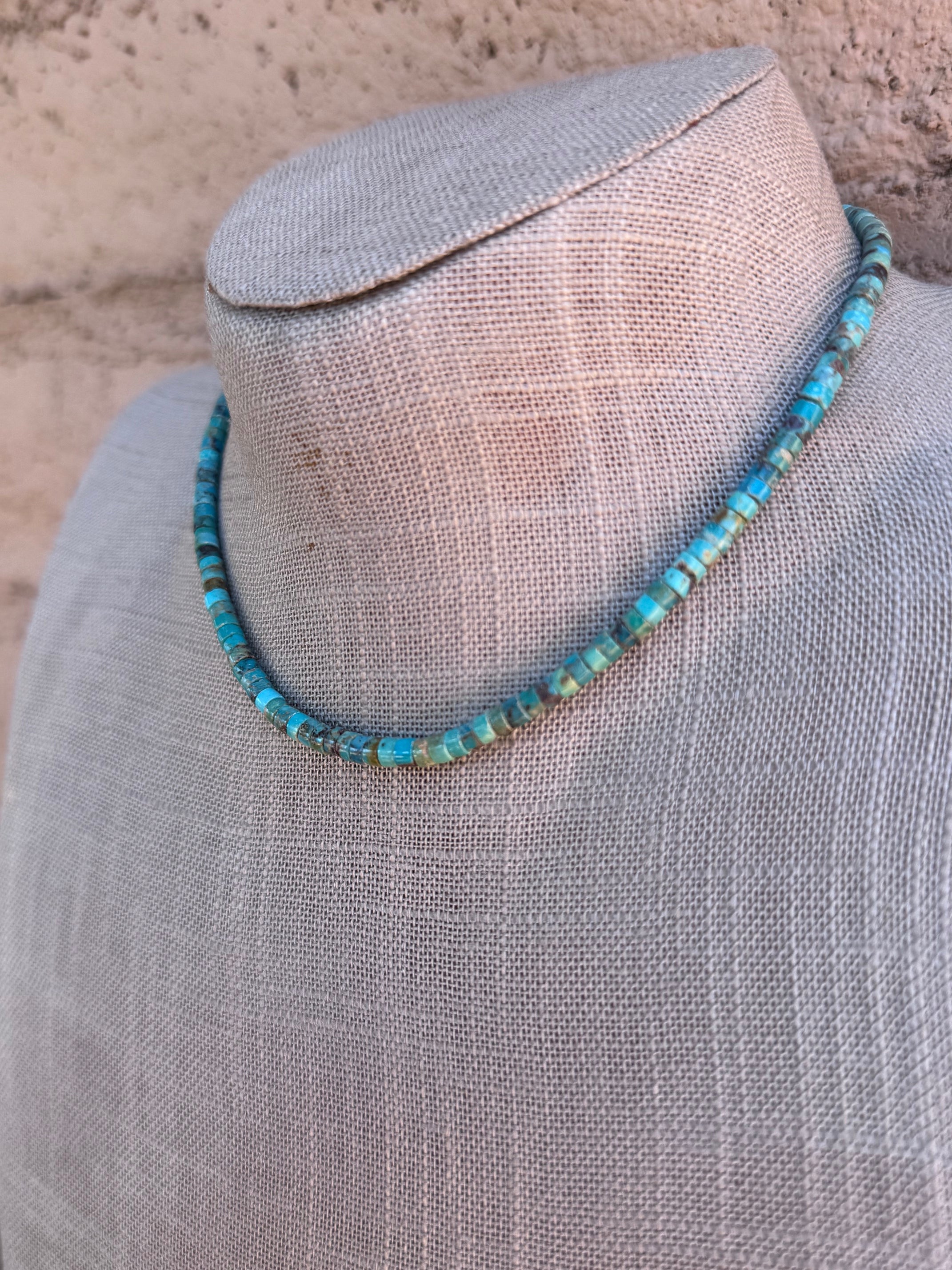 Handcrafted Sterling Silver & Rolled Kingman Turquoise Beaded Necklace 14"