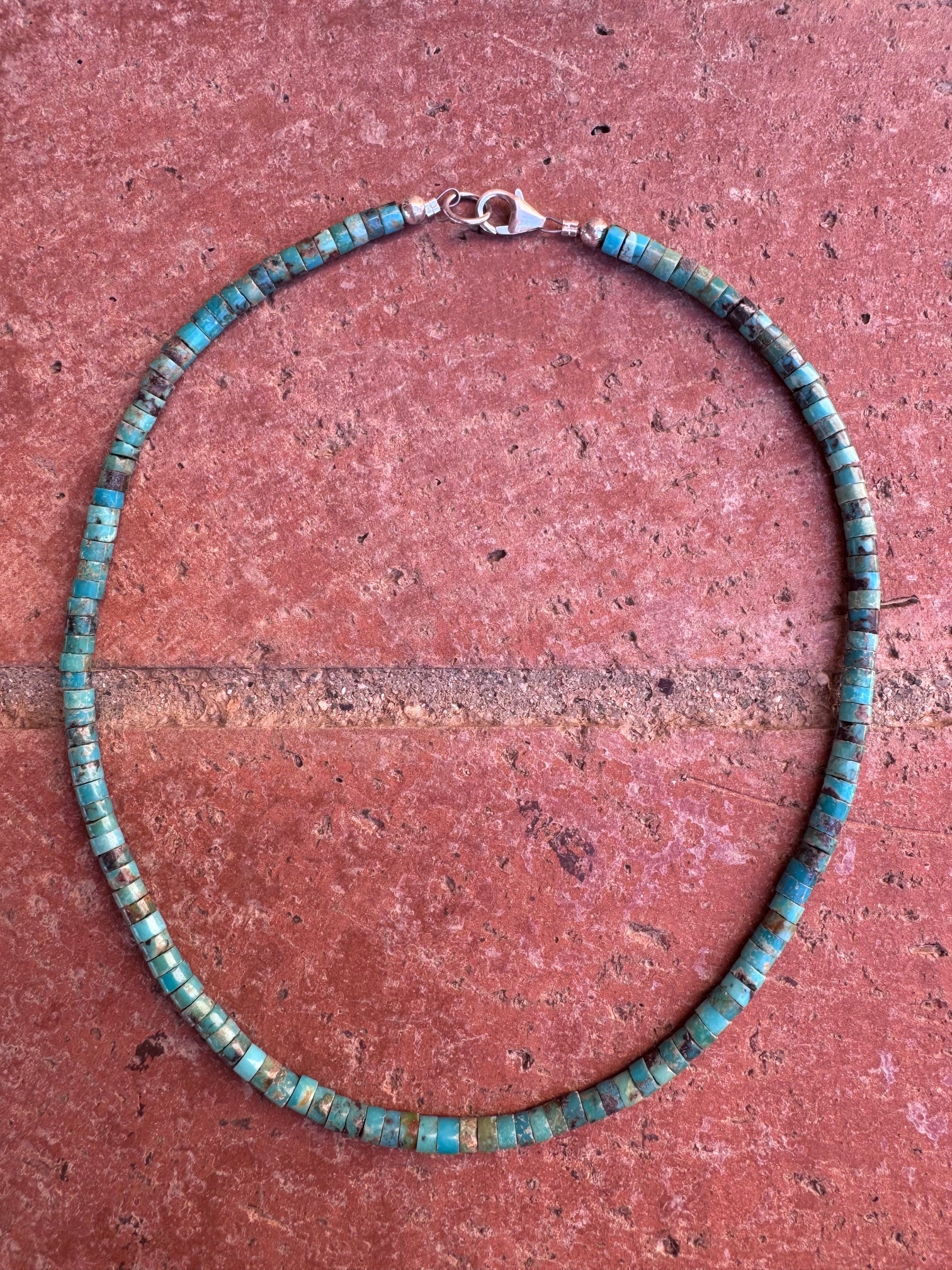 Handcrafted Sterling Silver & Rolled Kingman Turquoise Beaded Necklace 14"