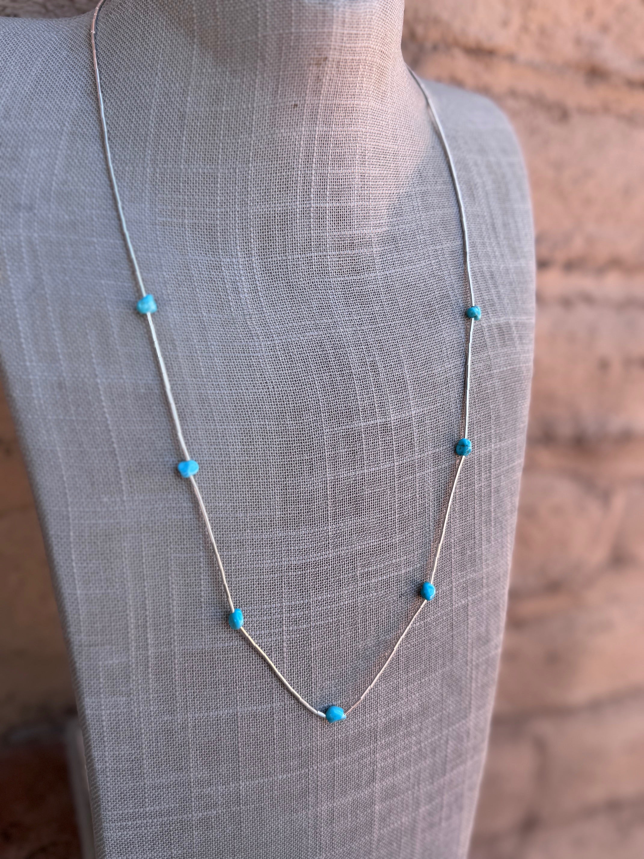 Handmade Kingman Turquoise & Liquid Silver Sterling Silver Necklace 26"