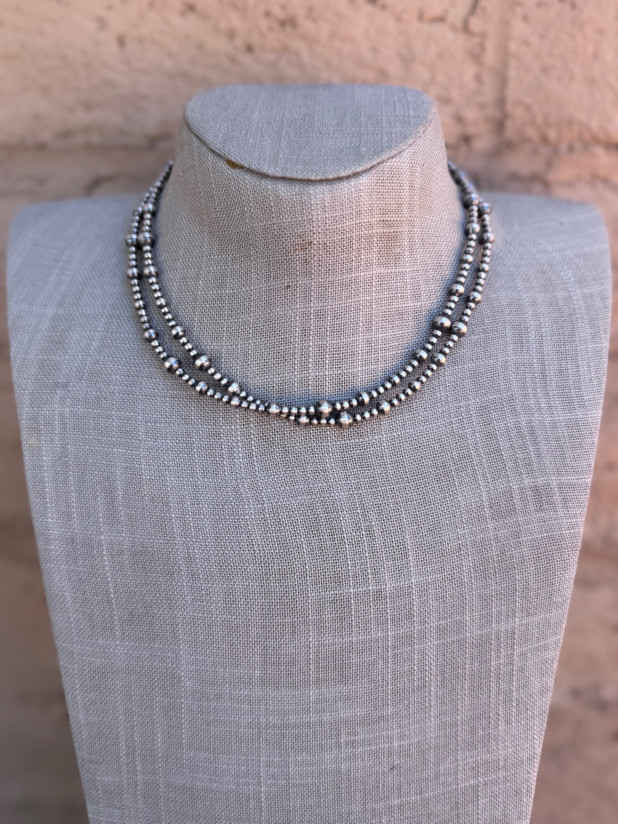 Handcrafted Sterling Silver Pearl Double Strand 3-5mm Beaded Necklace 16"