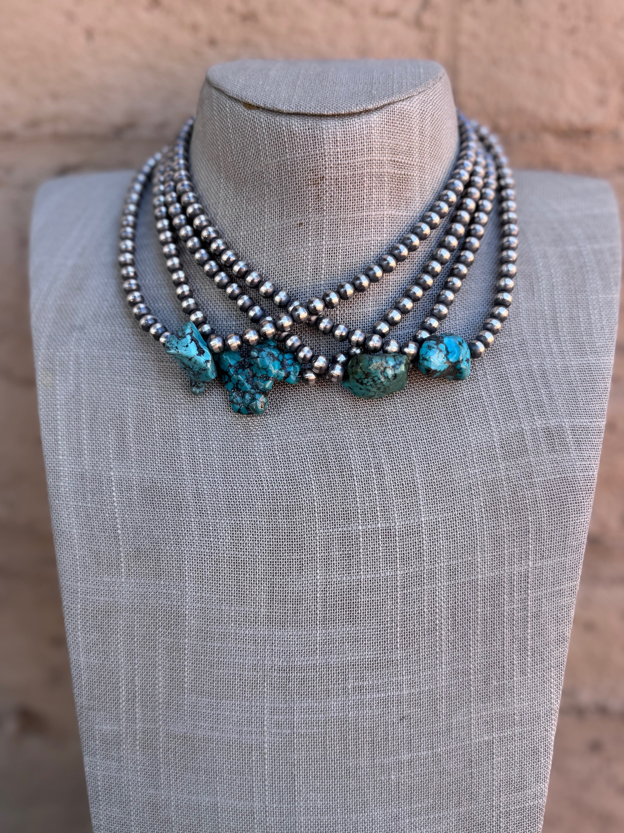 Handcrafted Chunky Kingman Turquoise And Sterling Silver 6mm Beaded Necklace 16"