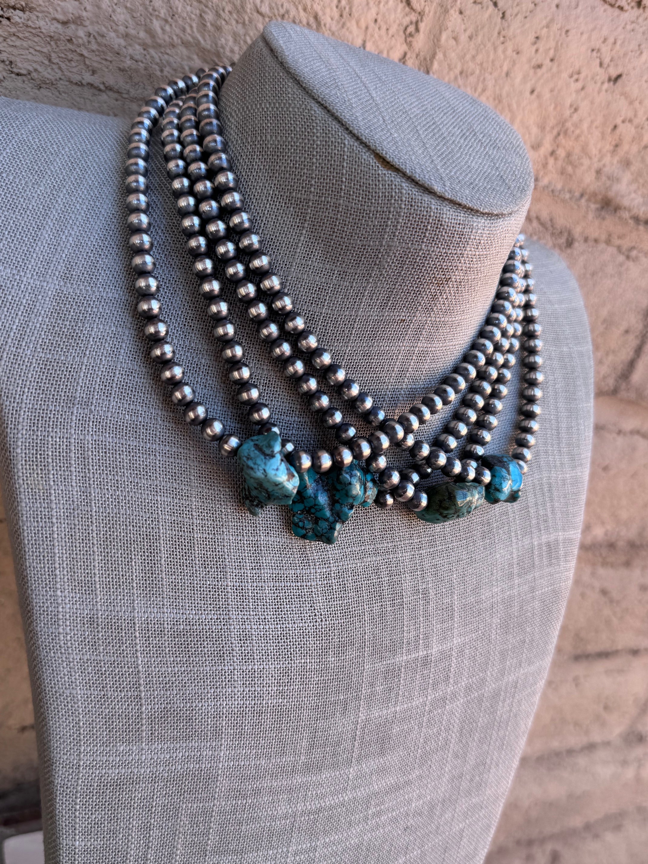 Handcrafted Chunky Kingman Turquoise And Sterling Silver 6mm Beaded Necklace 16"