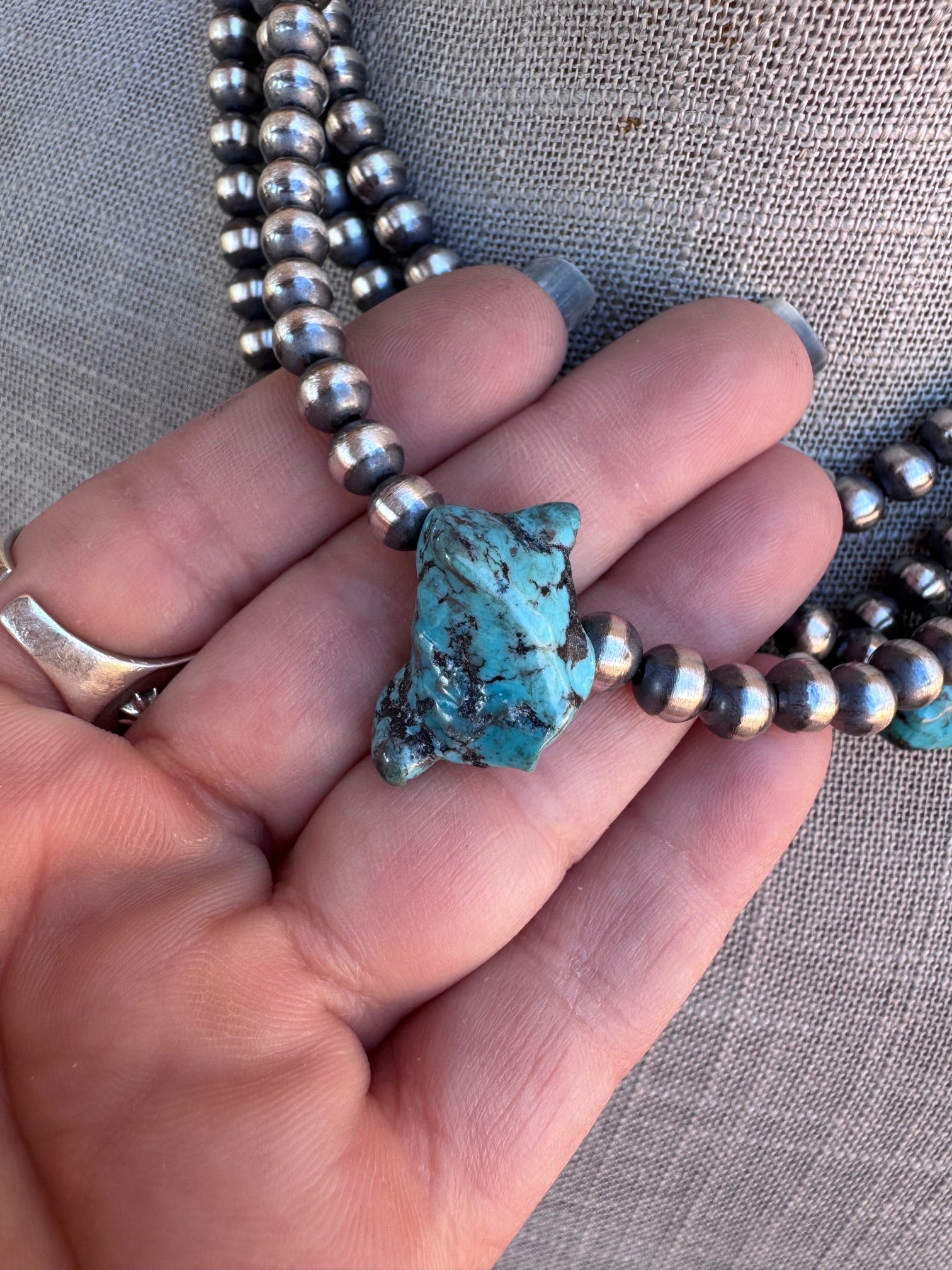 Handcrafted Chunky Kingman Turquoise And Sterling Silver 6mm Beaded Necklace 16"