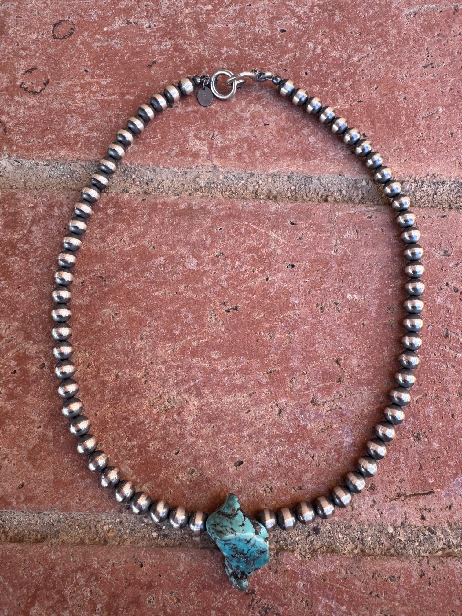 Handcrafted Chunky Kingman Turquoise And Sterling Silver 6mm Beaded Necklace 16"