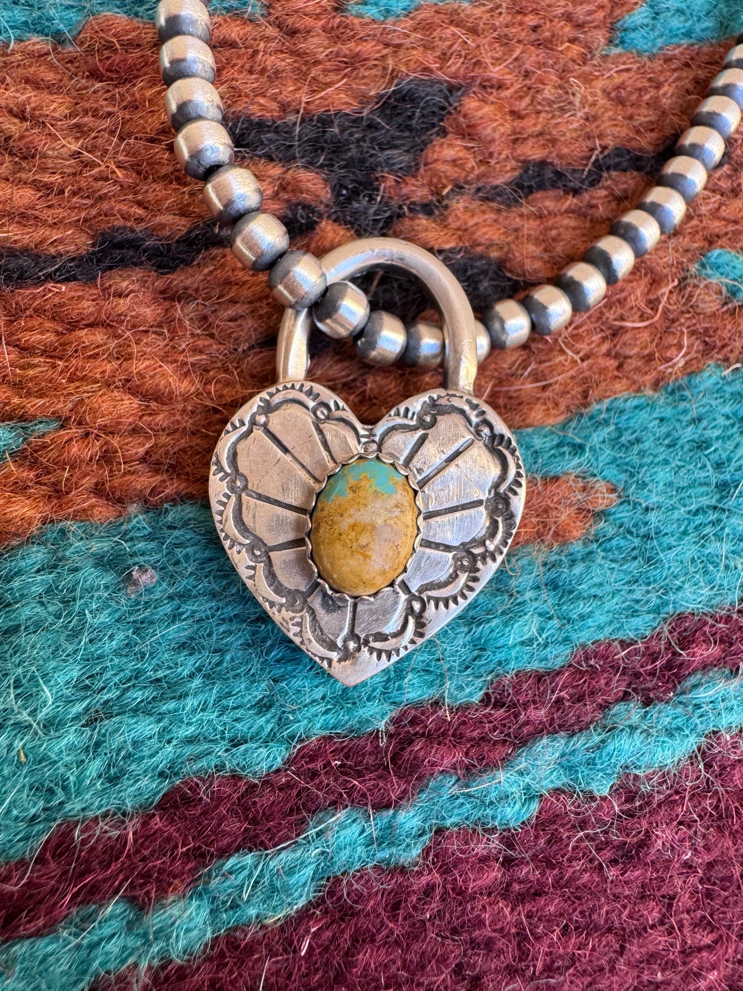 Handcrafted Ribbon Turquoise & Sterling Silver Heart Locket Pendant by Russell Sam