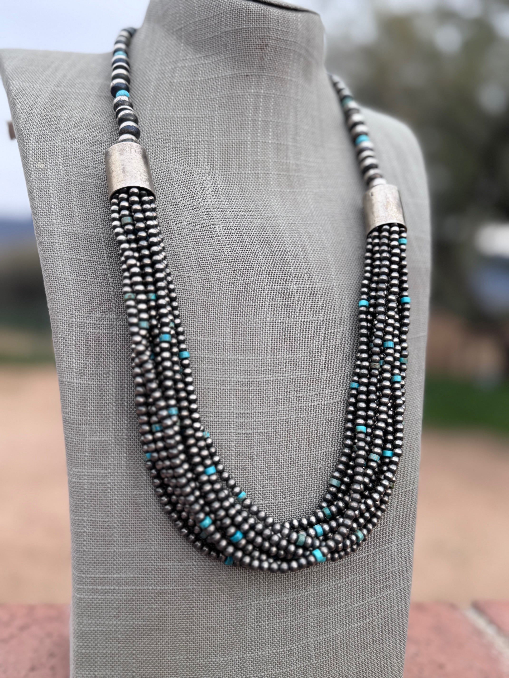 Handcrafted Turquoise & Sterling Silver Pearl 4mm-10mm 12 Strand Necklace 28"