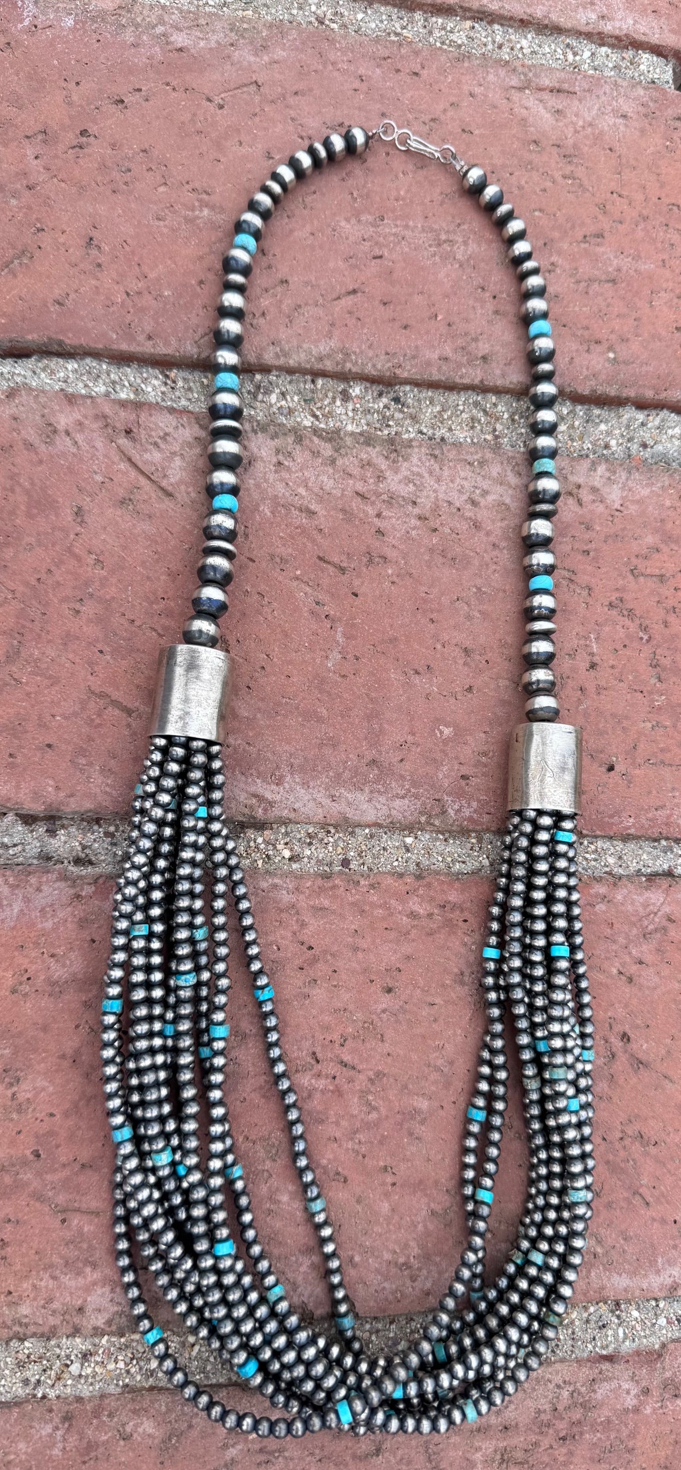 Handcrafted Turquoise & Sterling Silver Pearl 4mm-10mm 12 Strand Necklace 28"