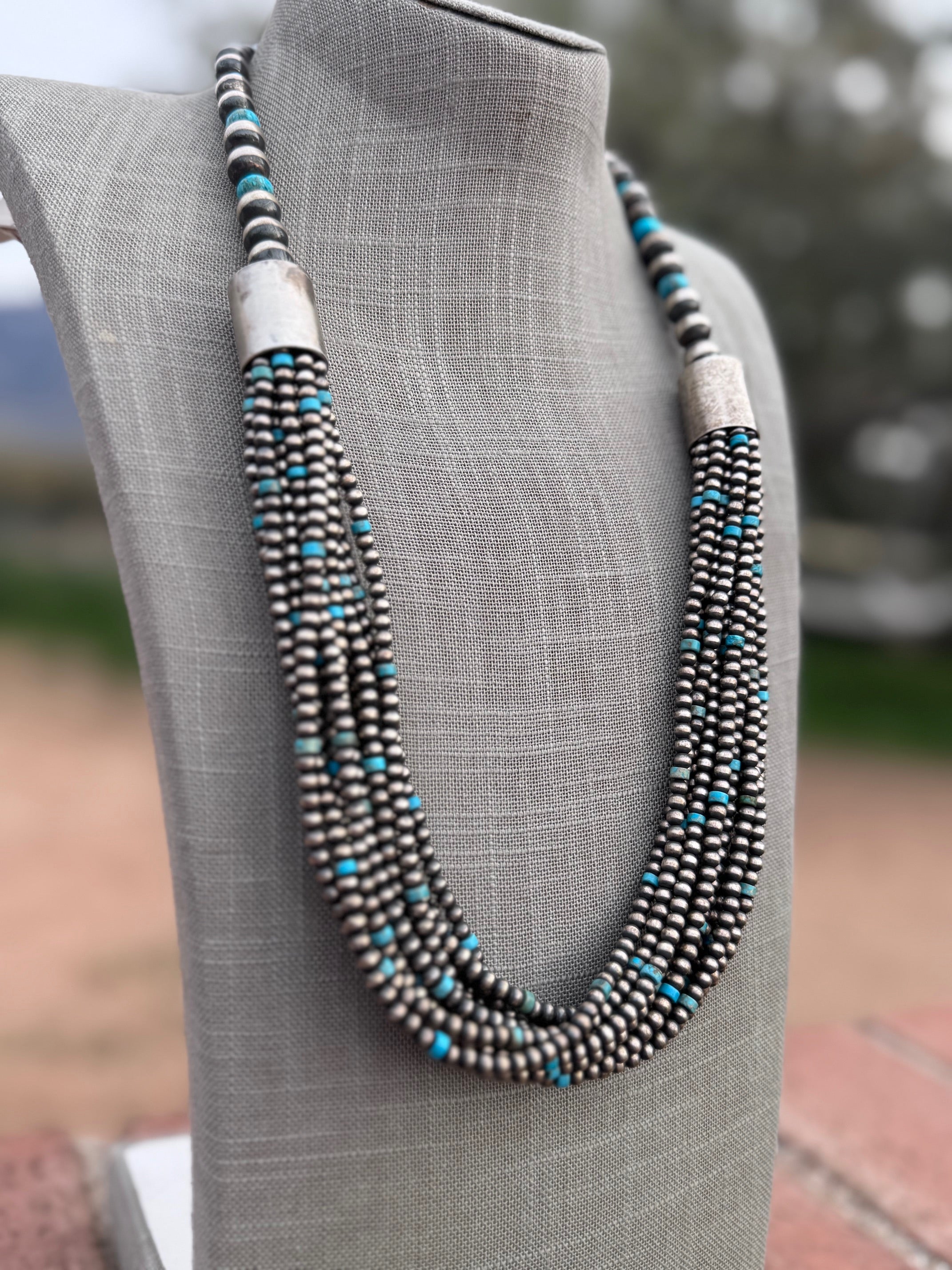 Handcrafted Turquoise & Sterling Silver Pearl 4mm-10mm 12 Strand Necklace 28"