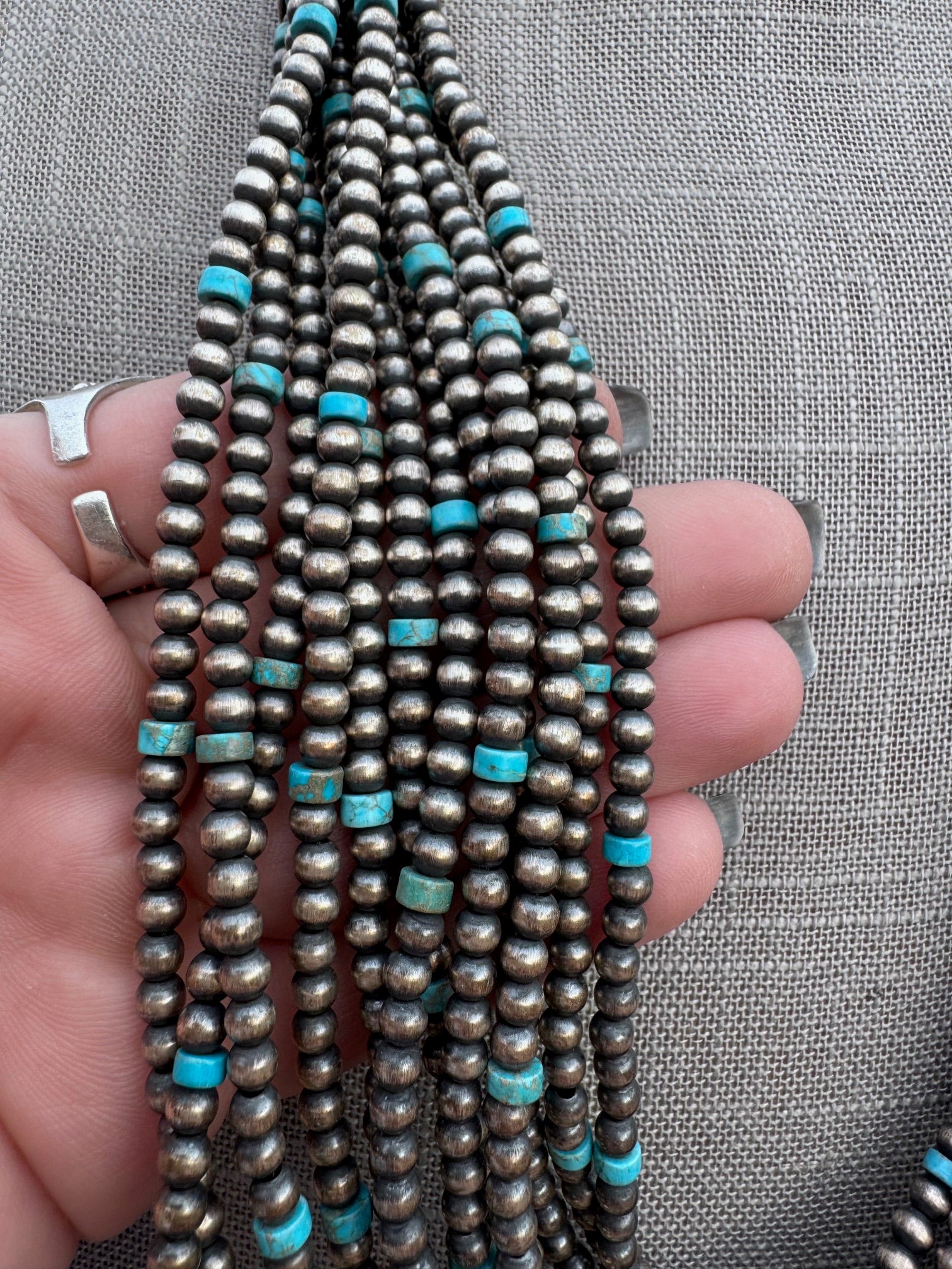 Handcrafted Turquoise & Sterling Silver Pearl 4mm-10mm 12 Strand Necklace 28"