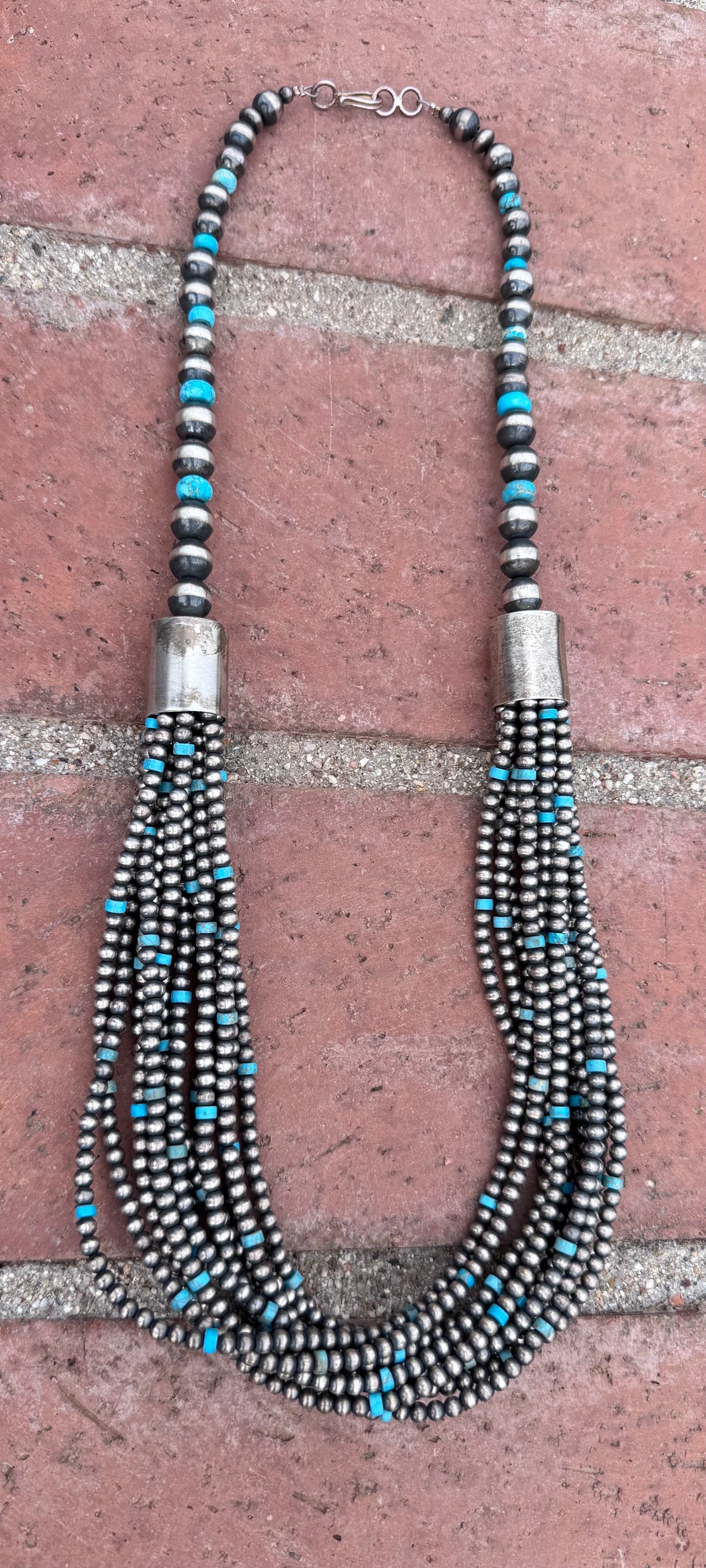 Handcrafted Turquoise & Sterling Silver Pearl 4mm-10mm 12 Strand Necklace 28"