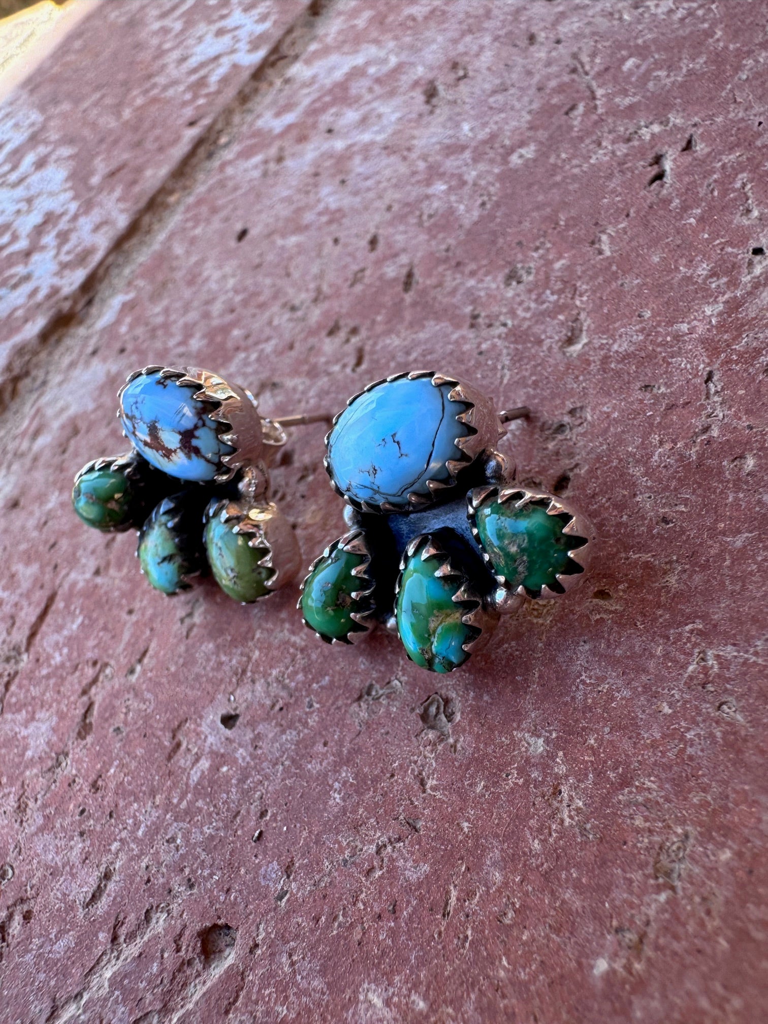 Nizhoni “The Backroads” Golden Hills, Sonoran Mountain Turquoise & Sterling Silver 4 Stone Earrings Handmade