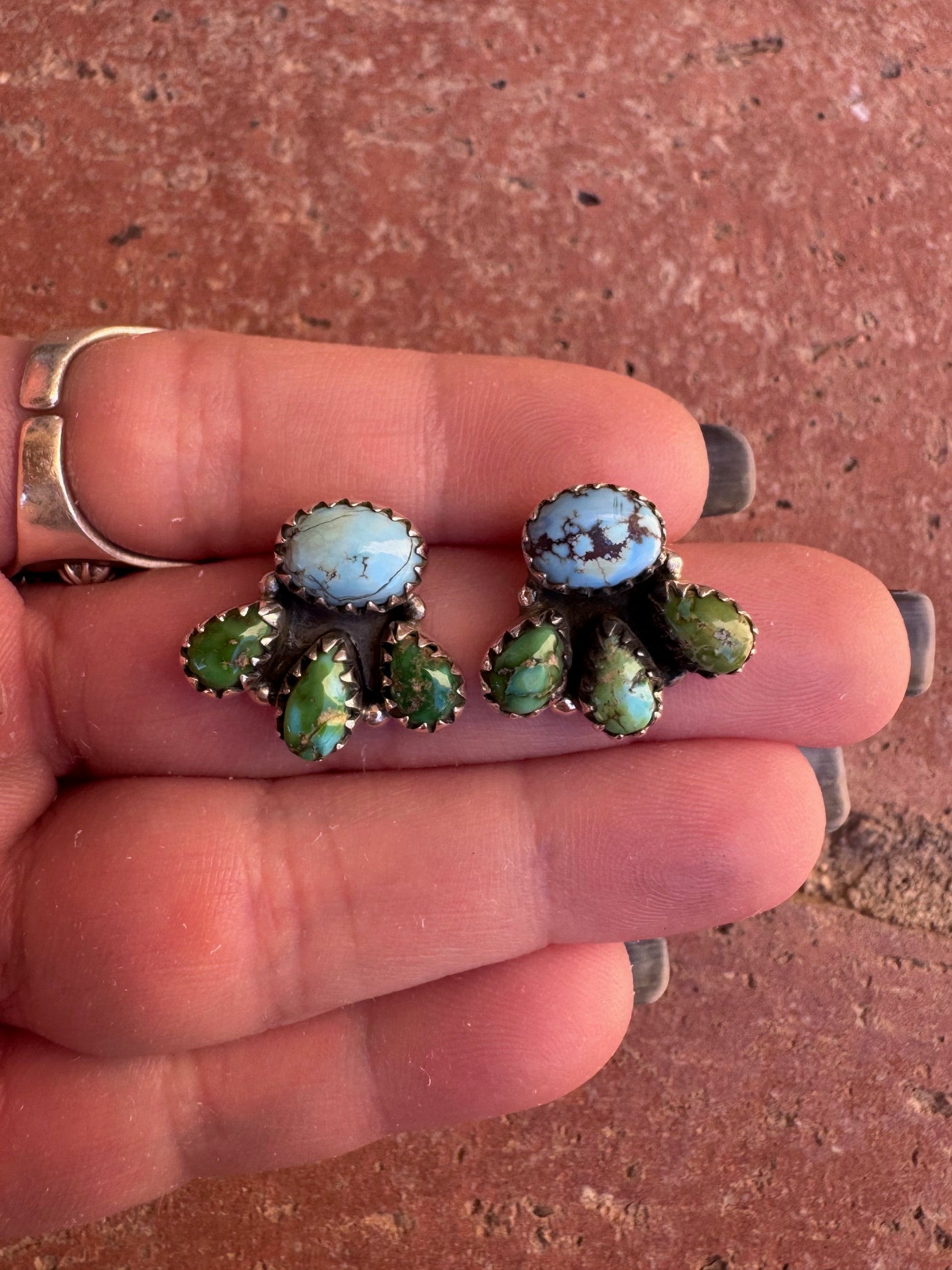 Nizhoni “The Backroads” Golden Hills, Sonoran Mountain Turquoise & Sterling Silver 4 Stone Earrings Handmade