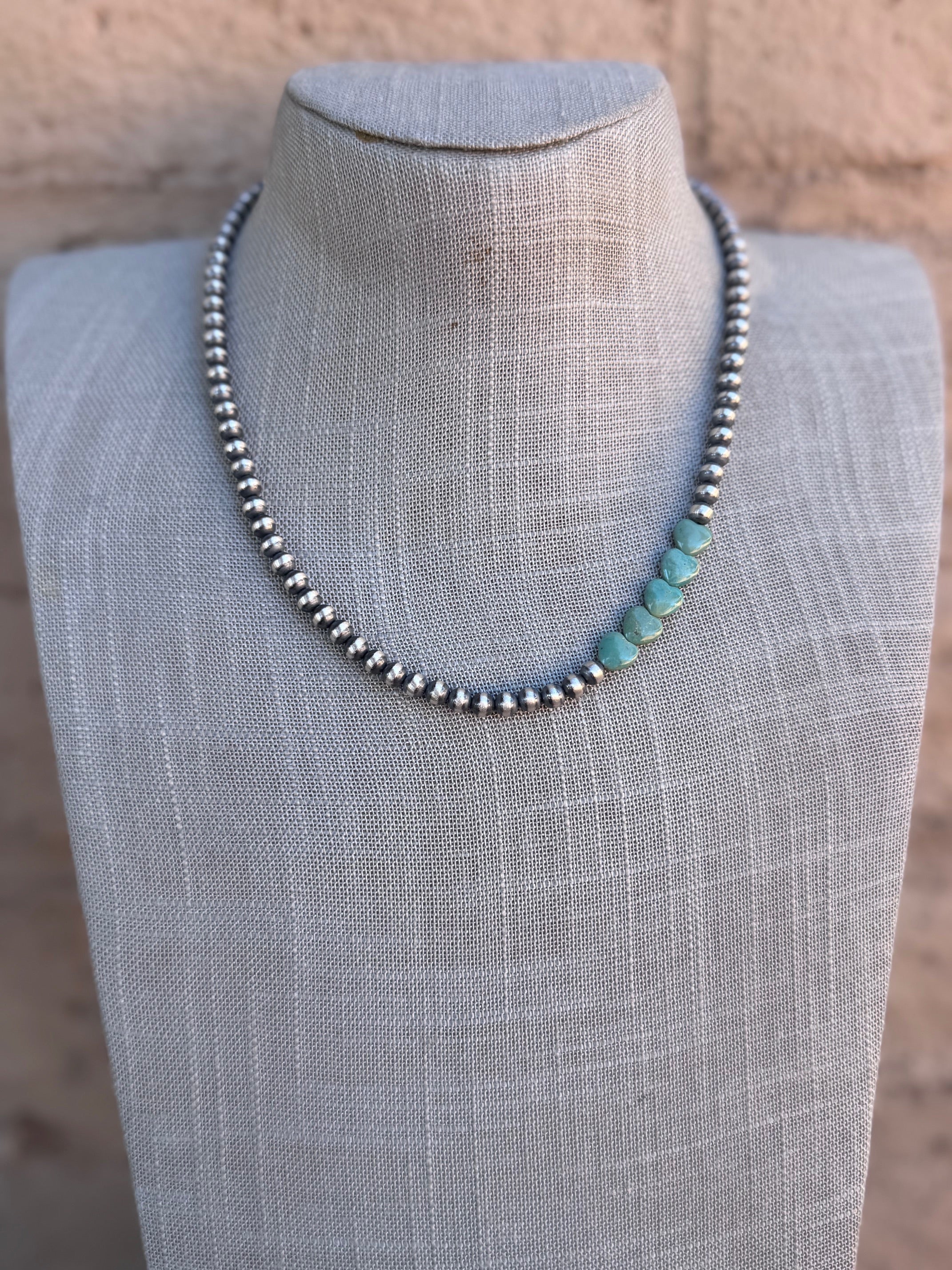 Handcrafted Kingman Turquoise & Sterling Silver Heart 5mm Beaded Necklace 18"