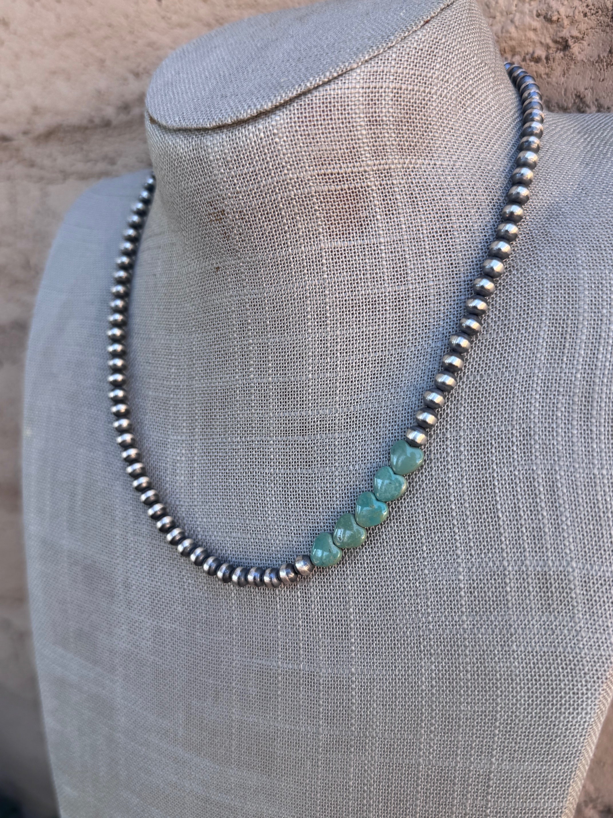 Handcrafted Kingman Turquoise & Sterling Silver Heart 5mm Beaded Necklace 18"
