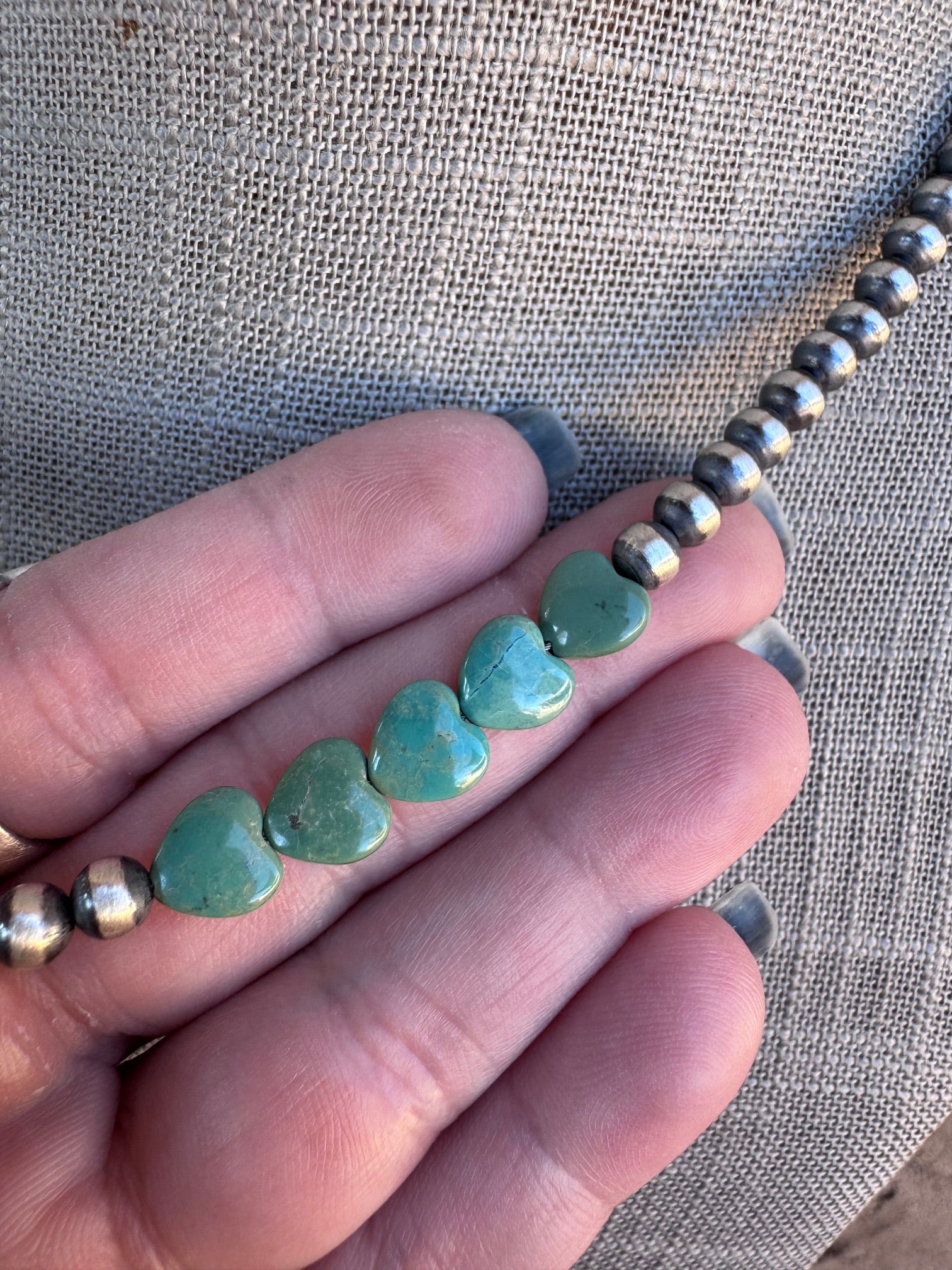 Handcrafted Kingman Turquoise & Sterling Silver Heart 5mm Beaded Necklace 18"