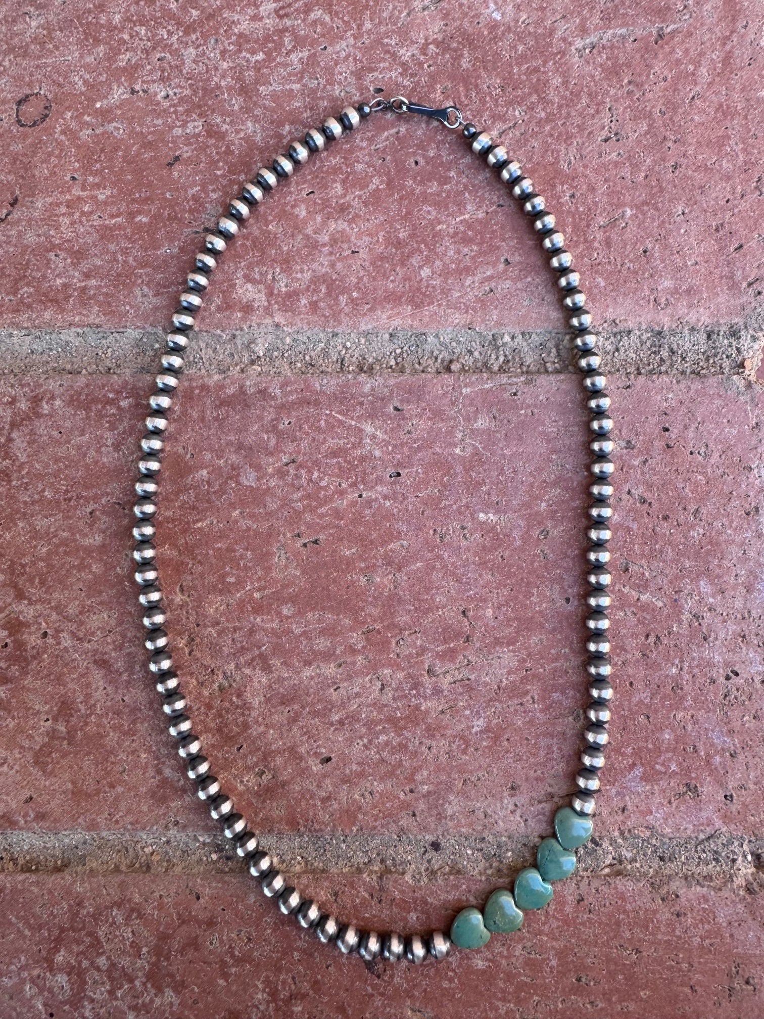 Handcrafted Kingman Turquoise & Sterling Silver Heart 5mm Beaded Necklace 18"