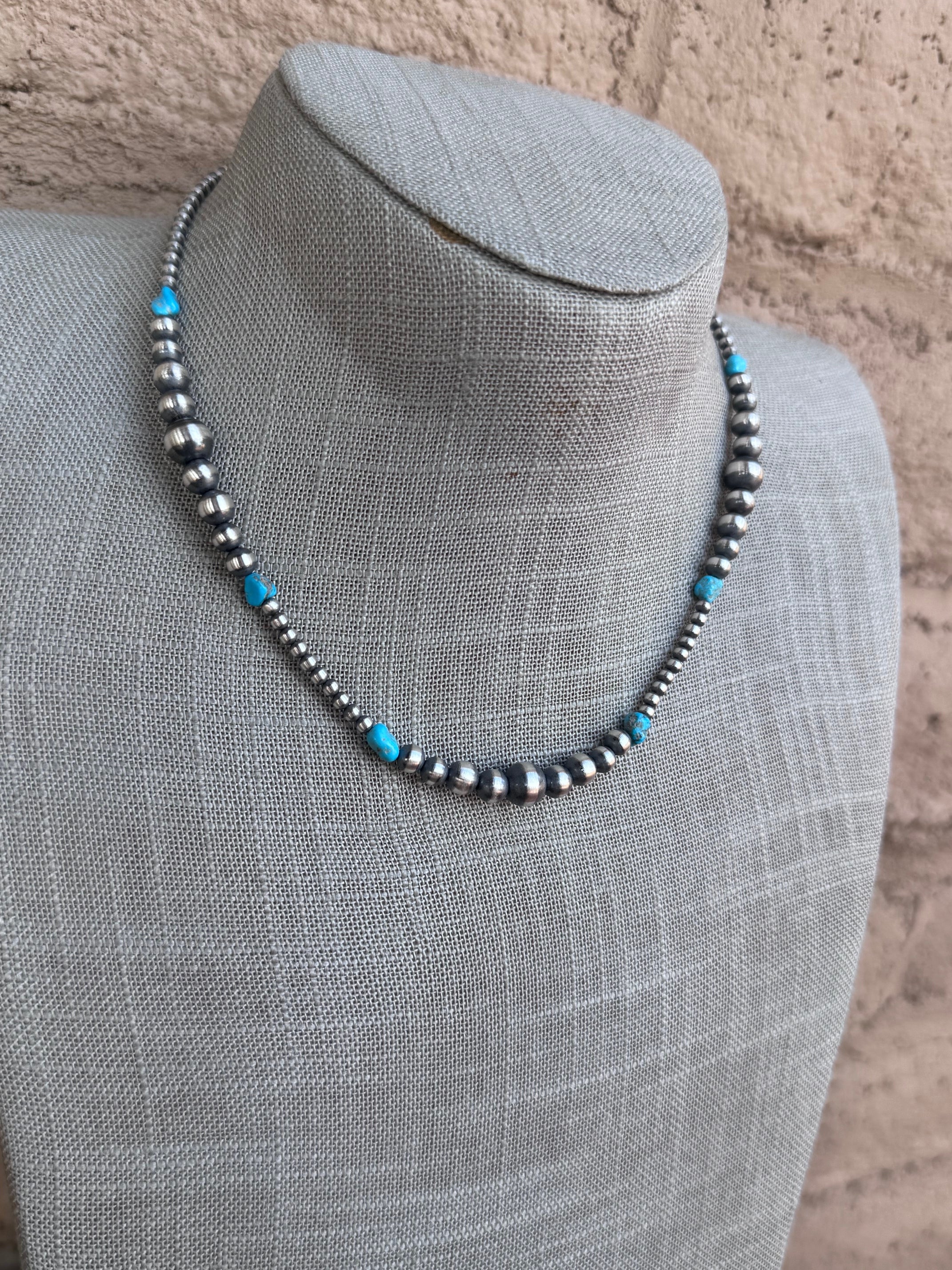 Handcrafted Sterling Silver & Kingman Turquoise 3-8mm Beaded Necklace 16"
