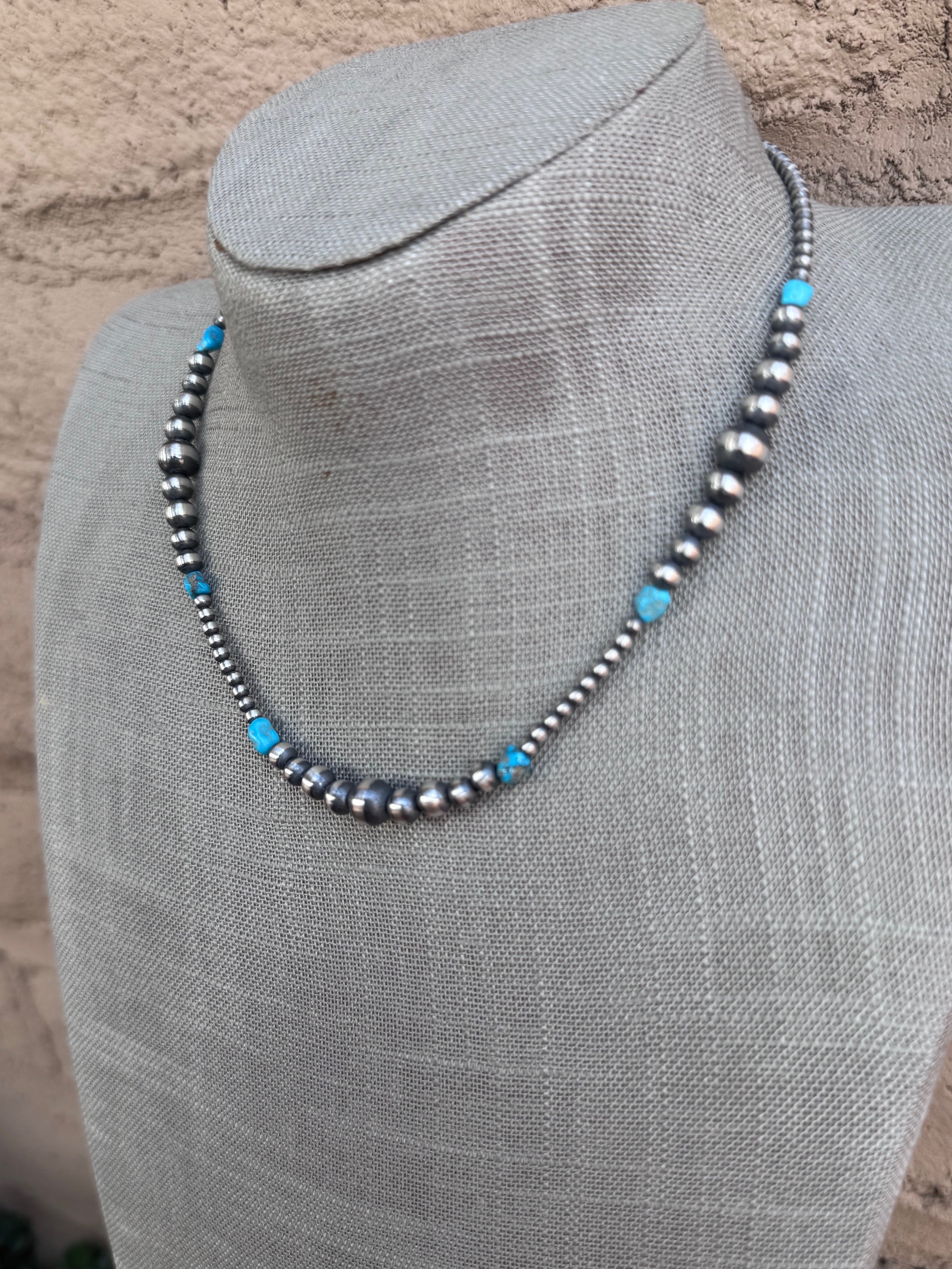 Handcrafted Sterling Silver & Kingman Turquoise 3-8mm Beaded Necklace 16"
