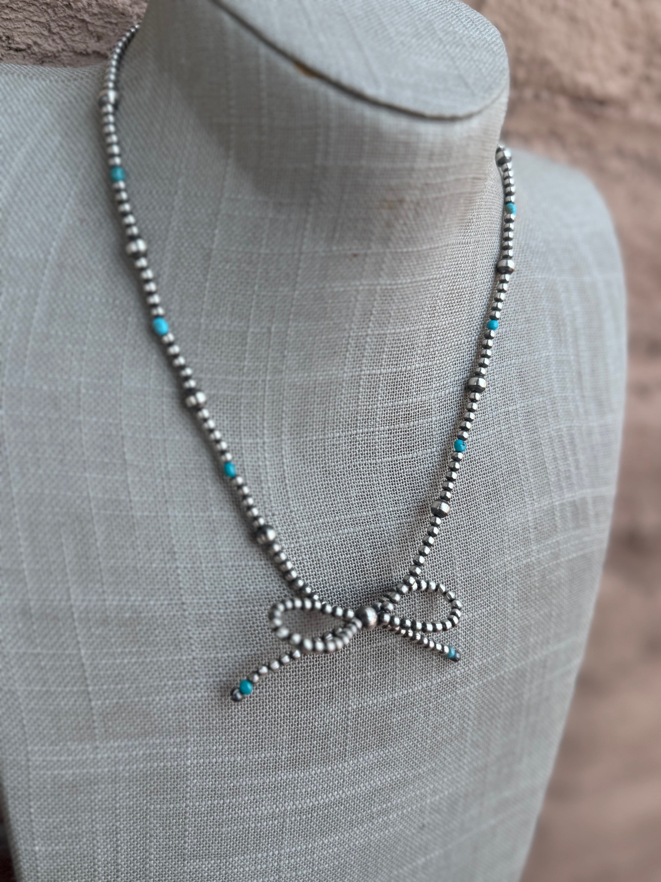 Handcrafted Sterling Silver & Turquoise Pearl 3-8mm Beaded Bow Tie Necklace 18"
