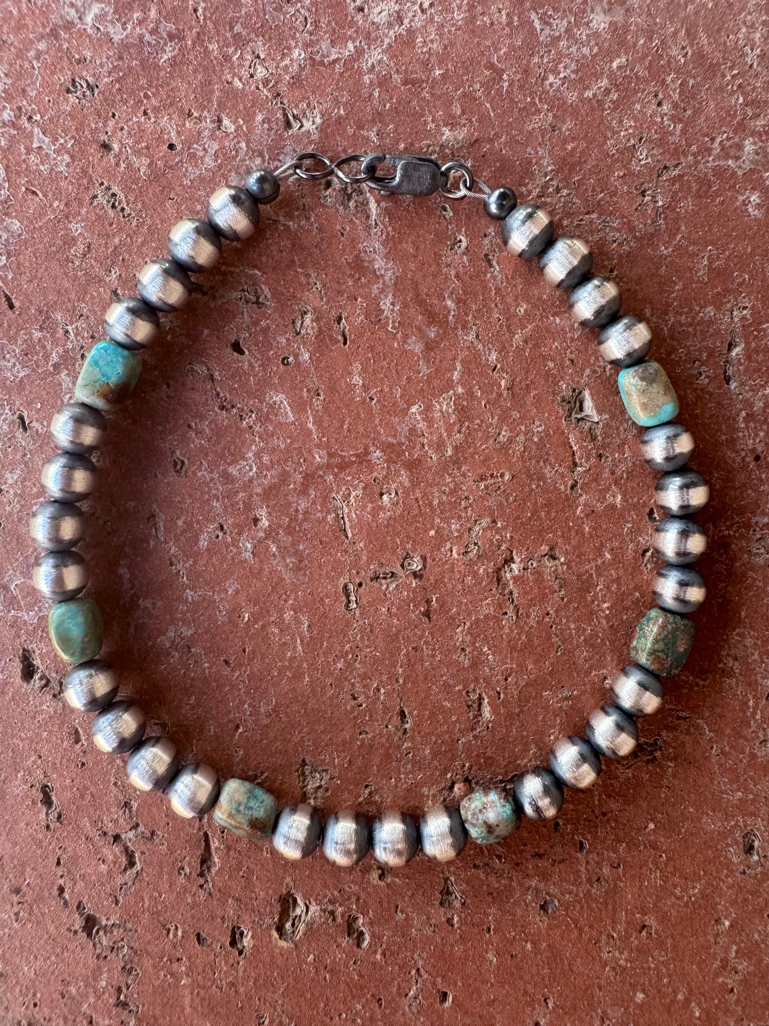 Handcrafted Sterling Silver and Turquoise 5mm Beaded Bracelet 7"