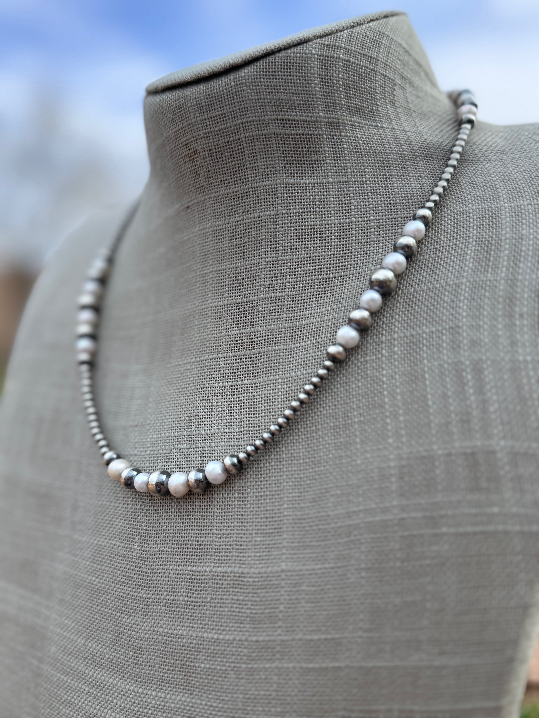 Handcrafted Mother of Pearl & Sterling Silver Pearl 3-8mm Beaded Necklace 18"