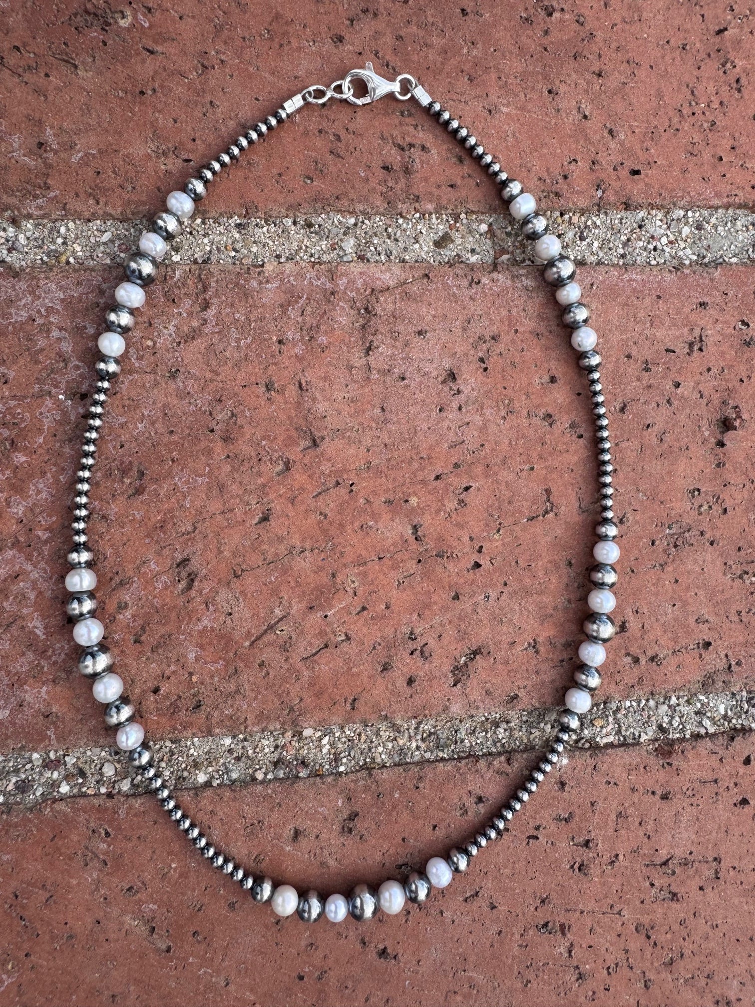 Handcrafted Mother of Pearl & Sterling Silver Pearl 3-8mm Beaded Necklace 18"