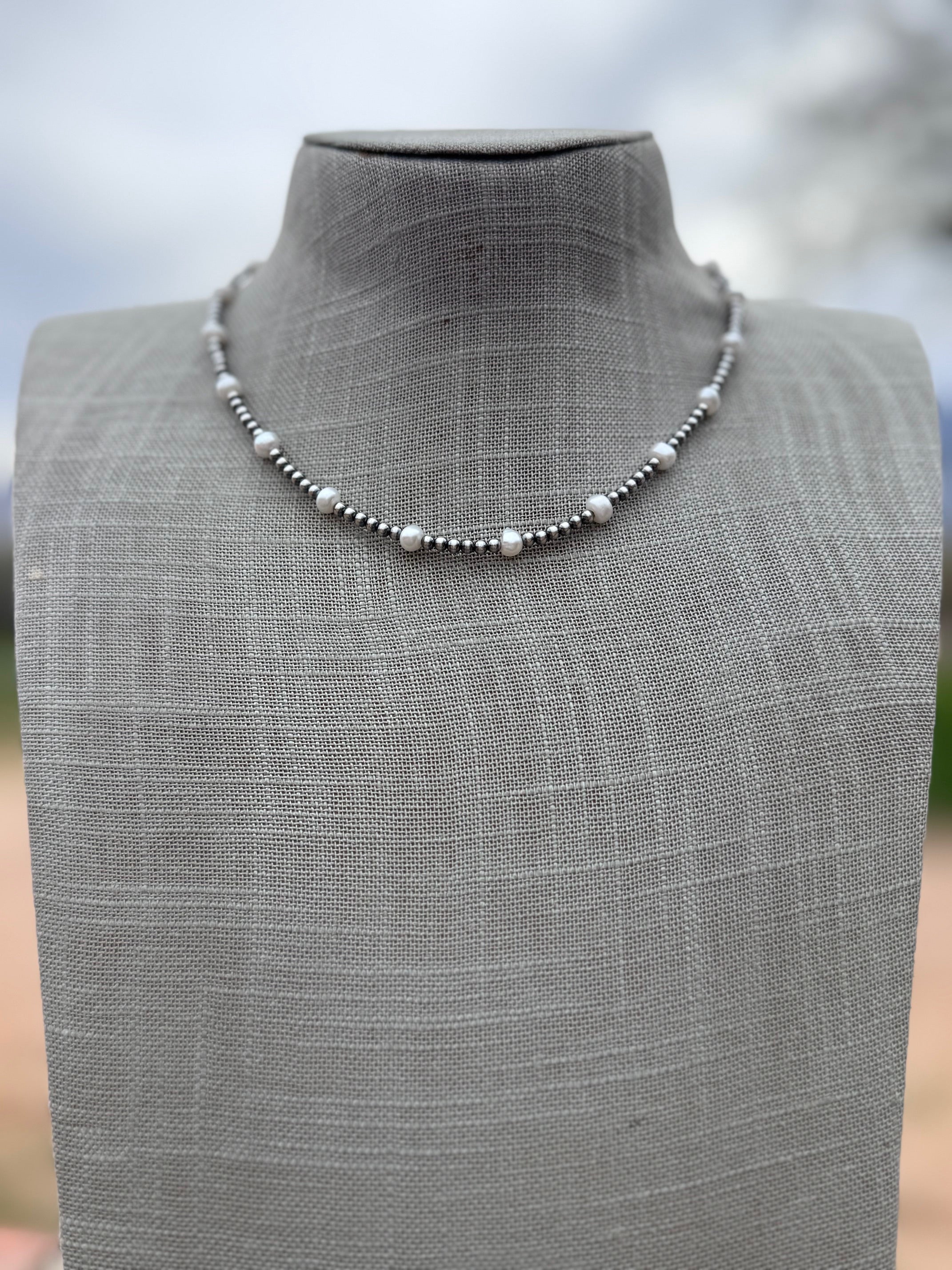 Handcrafted Mother of Pearl & Sterling Silver Pearl 3mm Beaded Necklace 16"