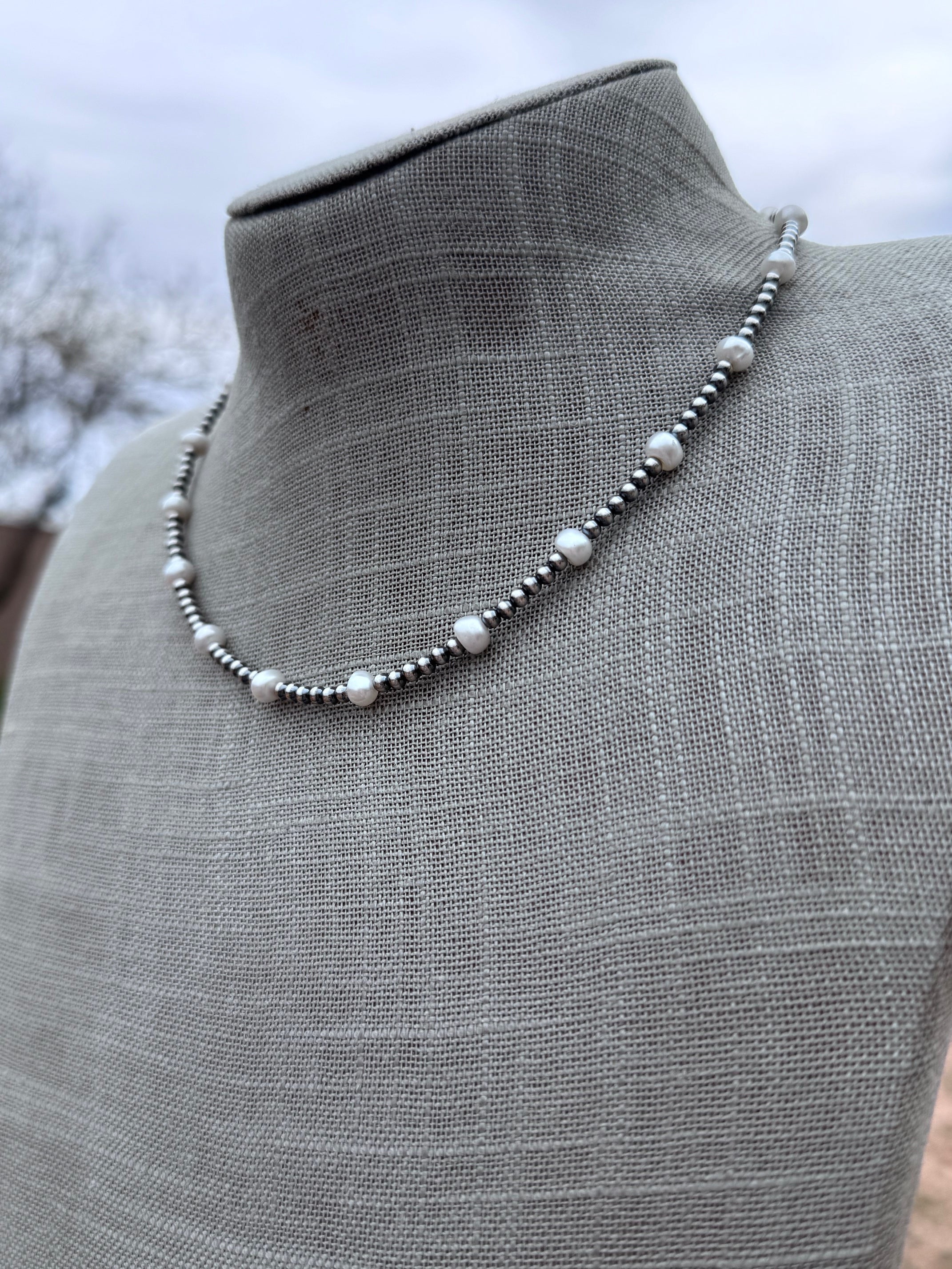 Handcrafted Mother of Pearl & Sterling Silver Pearl 3mm Beaded Necklace 16"