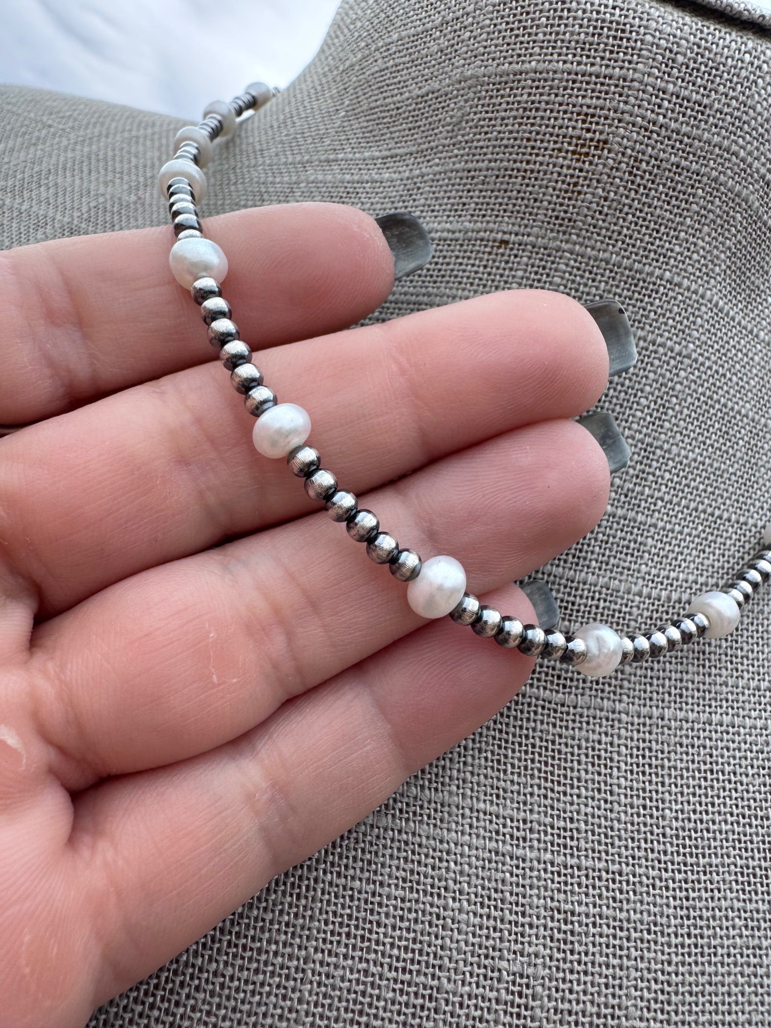 Handcrafted Mother of Pearl & Sterling Silver Pearl 3mm Beaded Necklace 16"