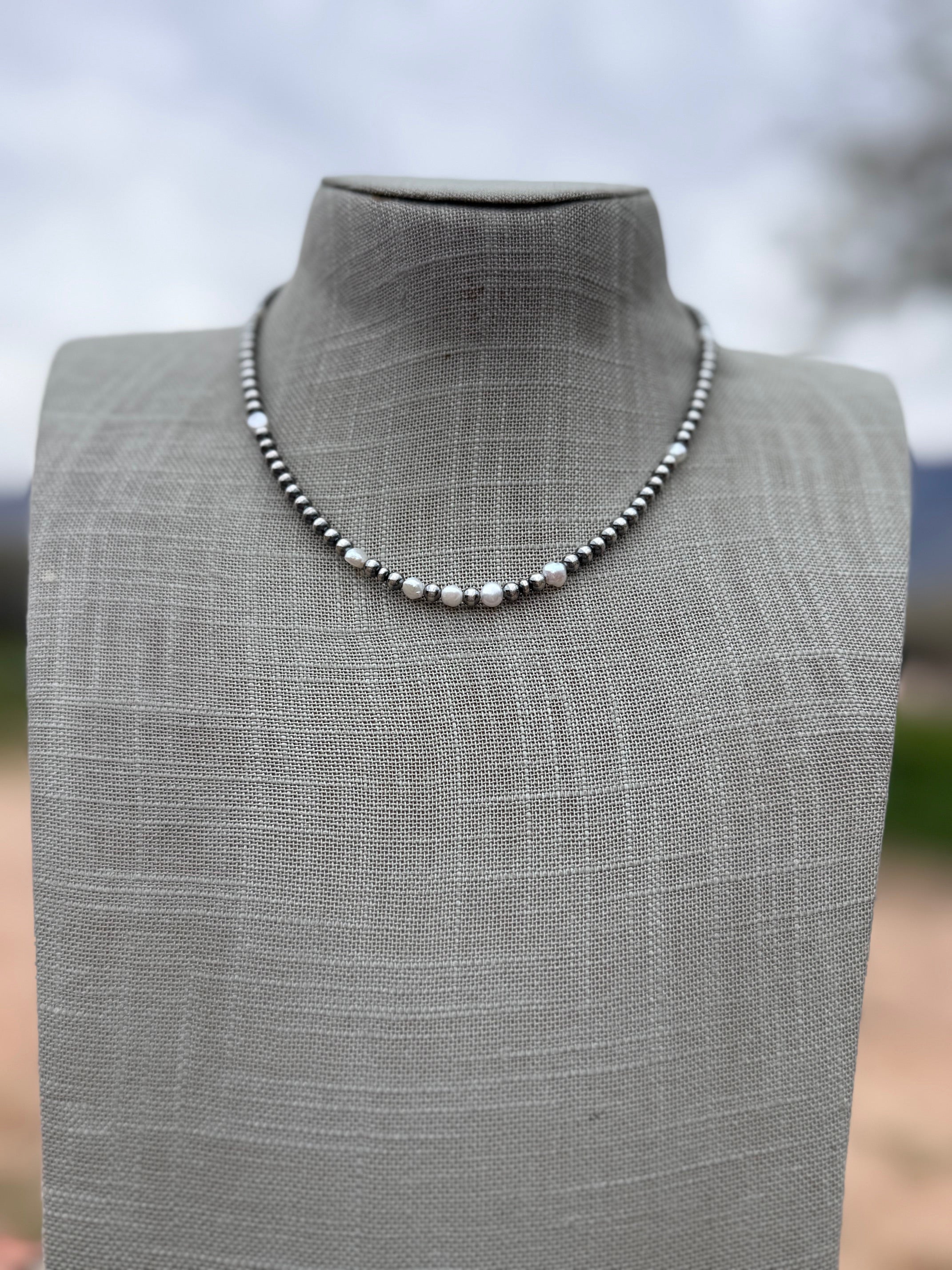 Handcrafted Mother of Pearl & Sterling Silver Pearl 4mm Beaded Necklace 16"