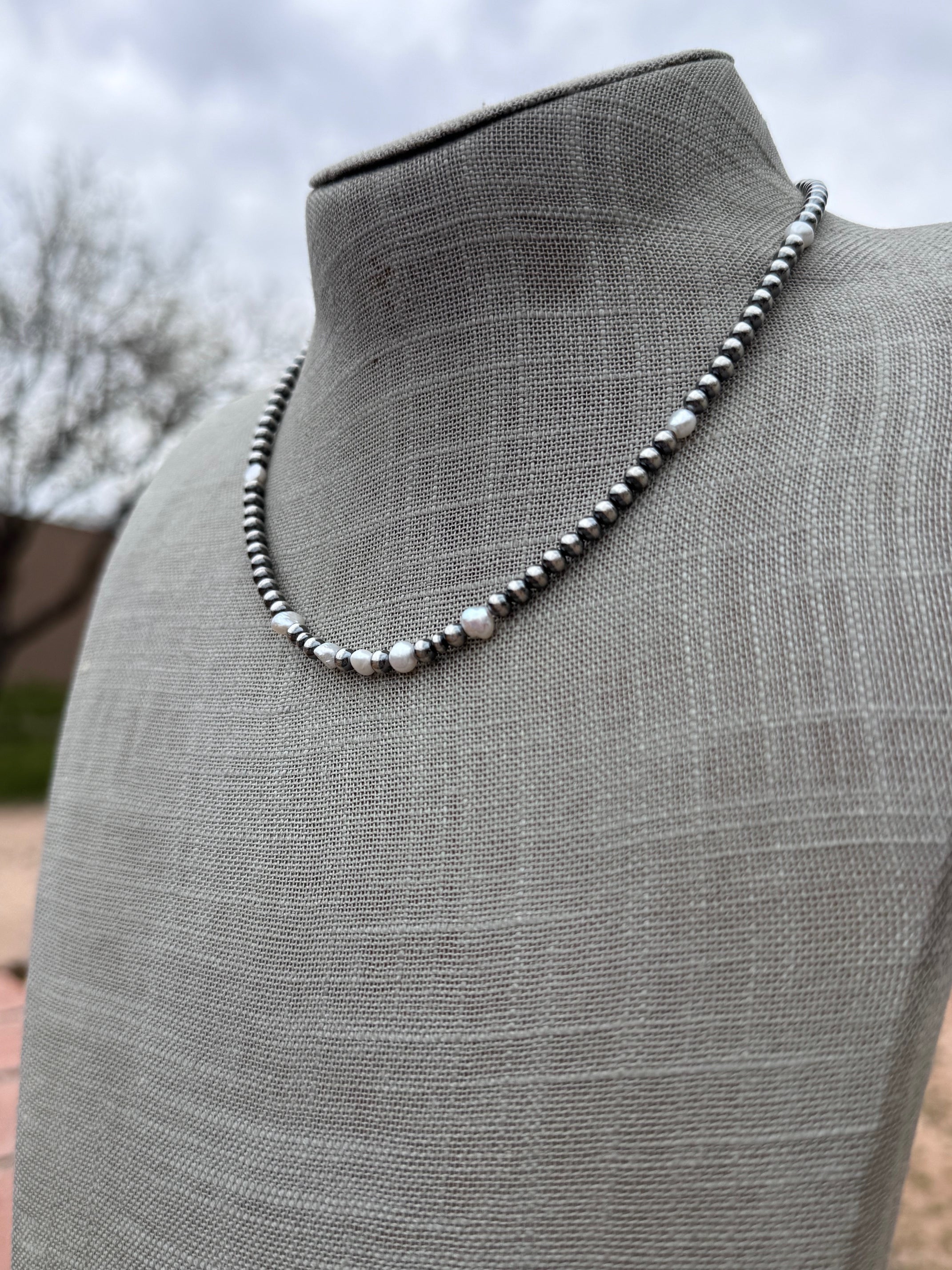 Handcrafted Mother of Pearl & Sterling Silver Pearl 4mm Beaded Necklace 16"