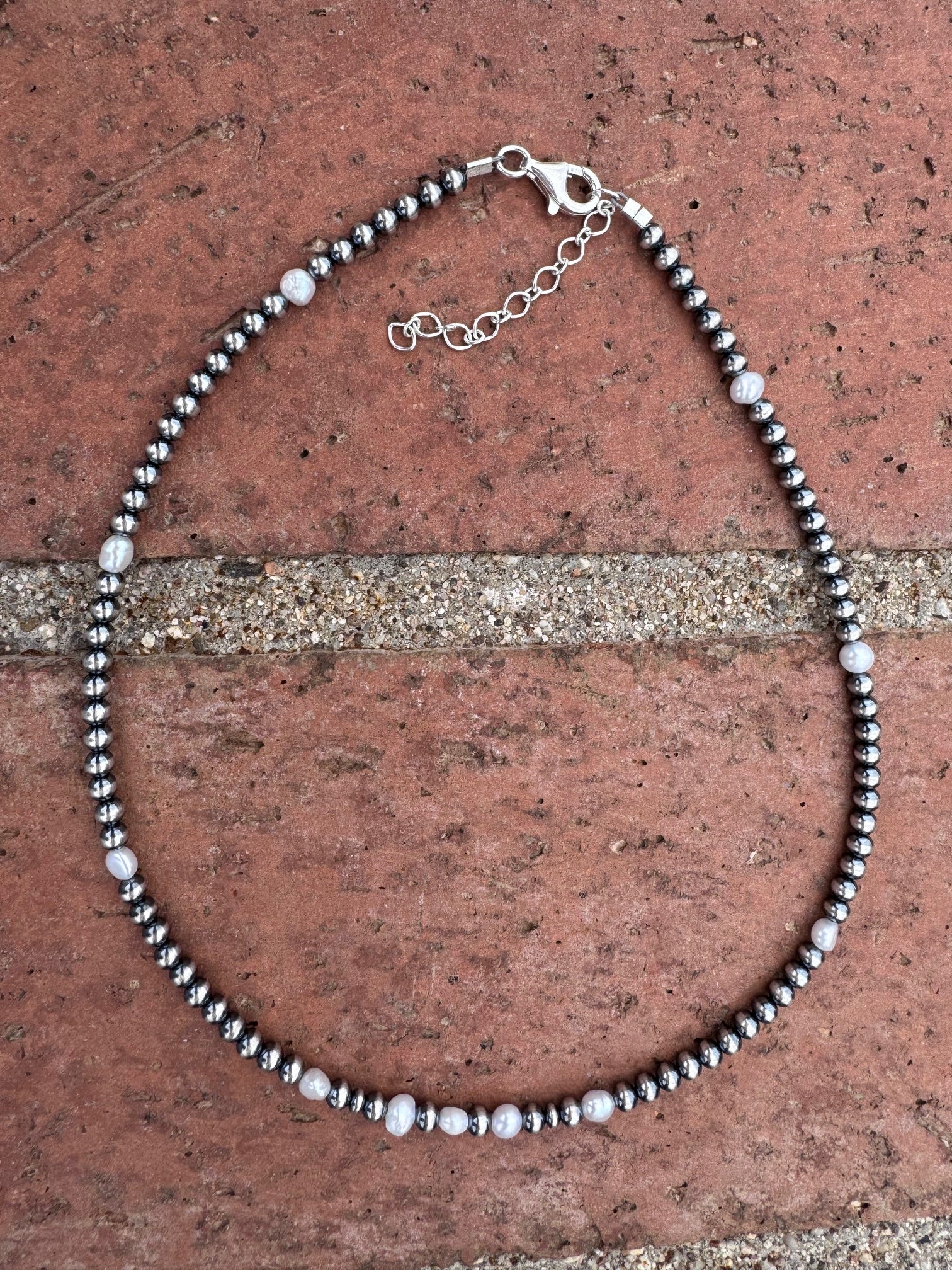 Handcrafted Mother of Pearl & Sterling Silver Pearl 4mm Beaded Necklace 16"