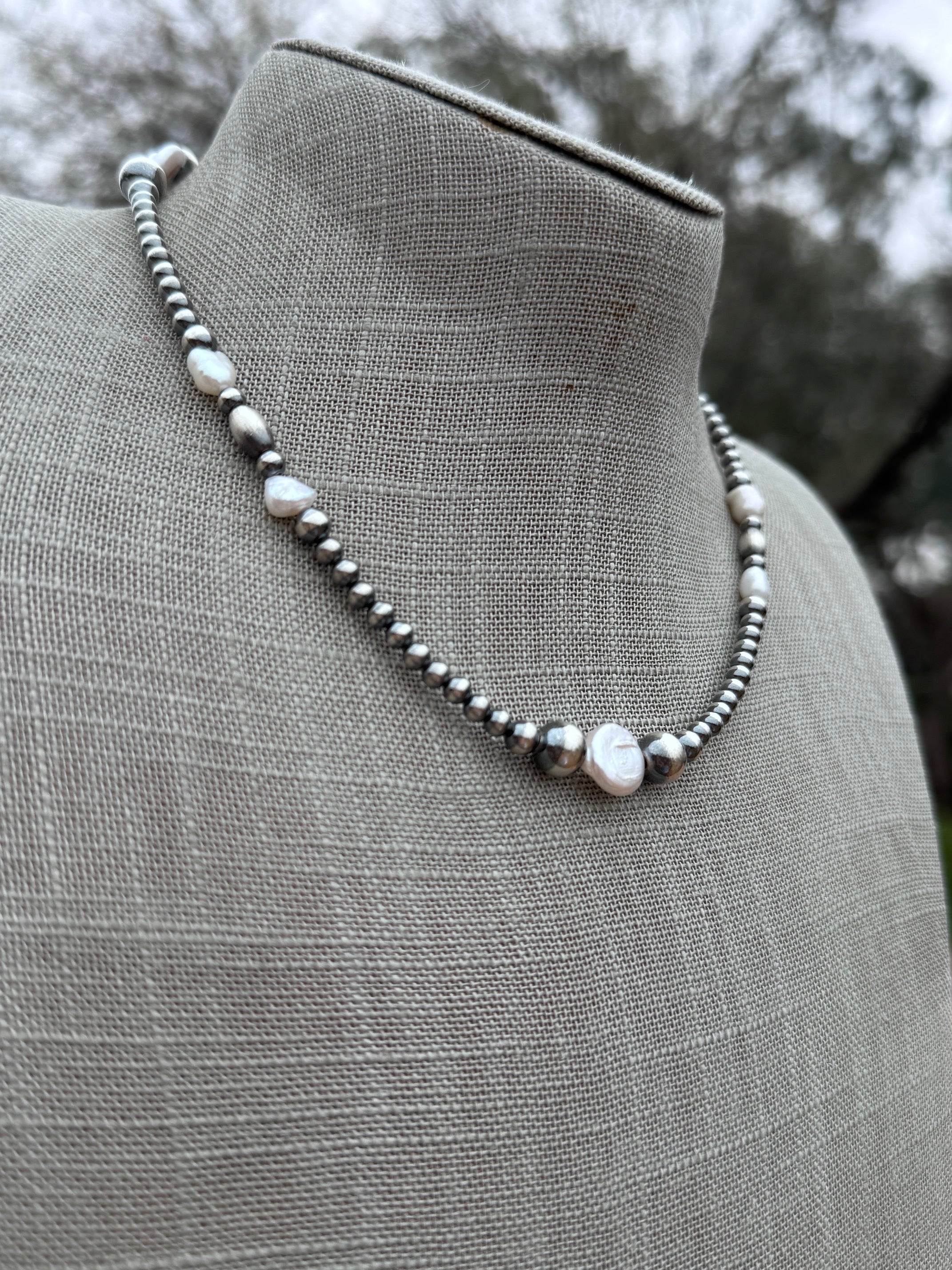 Handcrafted Mother of Pearl & Sterling Silver Pearl 4-8mm Beaded Necklace 16"