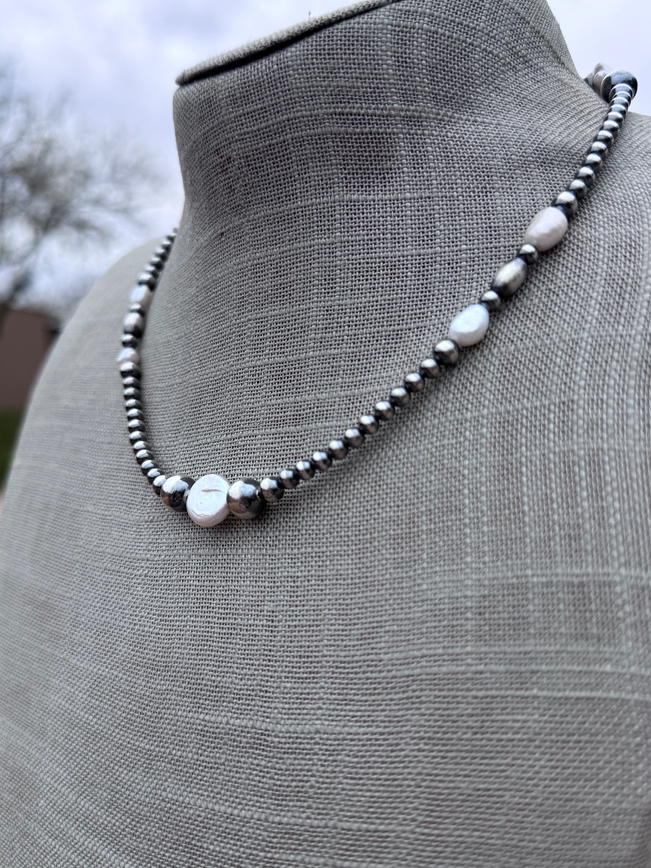 Handcrafted Mother of Pearl & Sterling Silver Pearl 4-8mm Beaded Necklace 16"