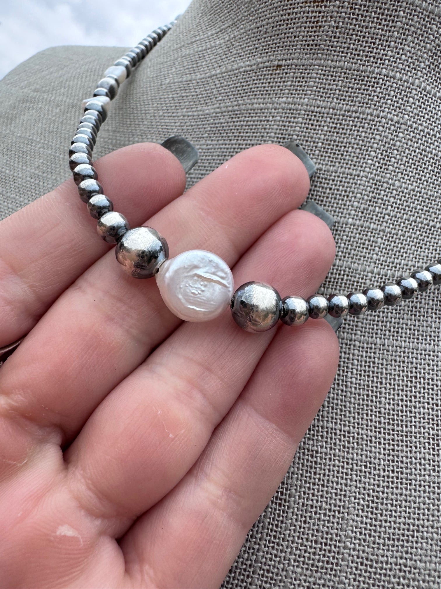 Handcrafted Mother of Pearl & Sterling Silver Pearl 4-8mm Beaded Necklace 16"