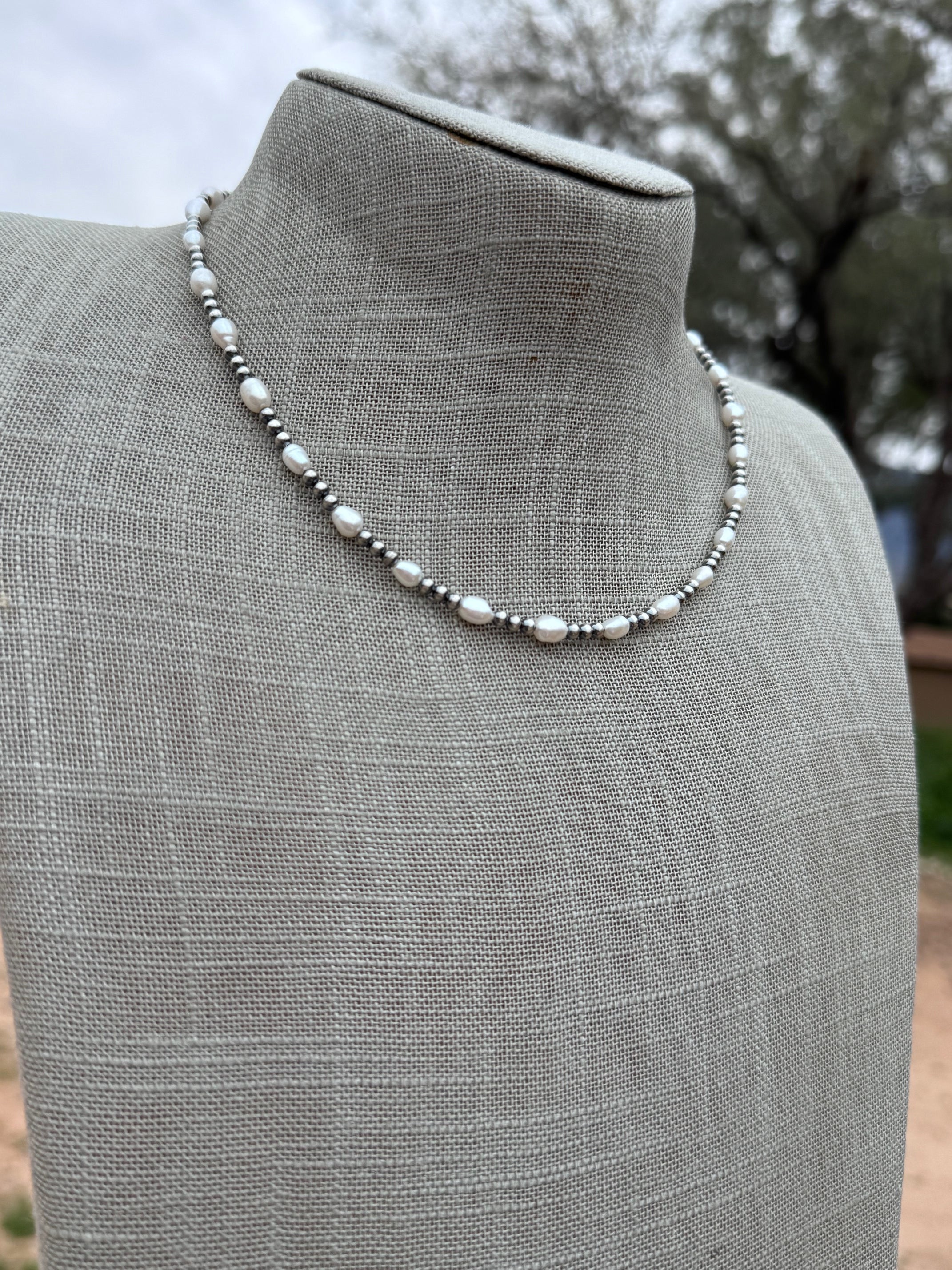 Handcrafted Mother of Pearl & Sterling Silver Pearl 3mm Beaded Necklace 16"