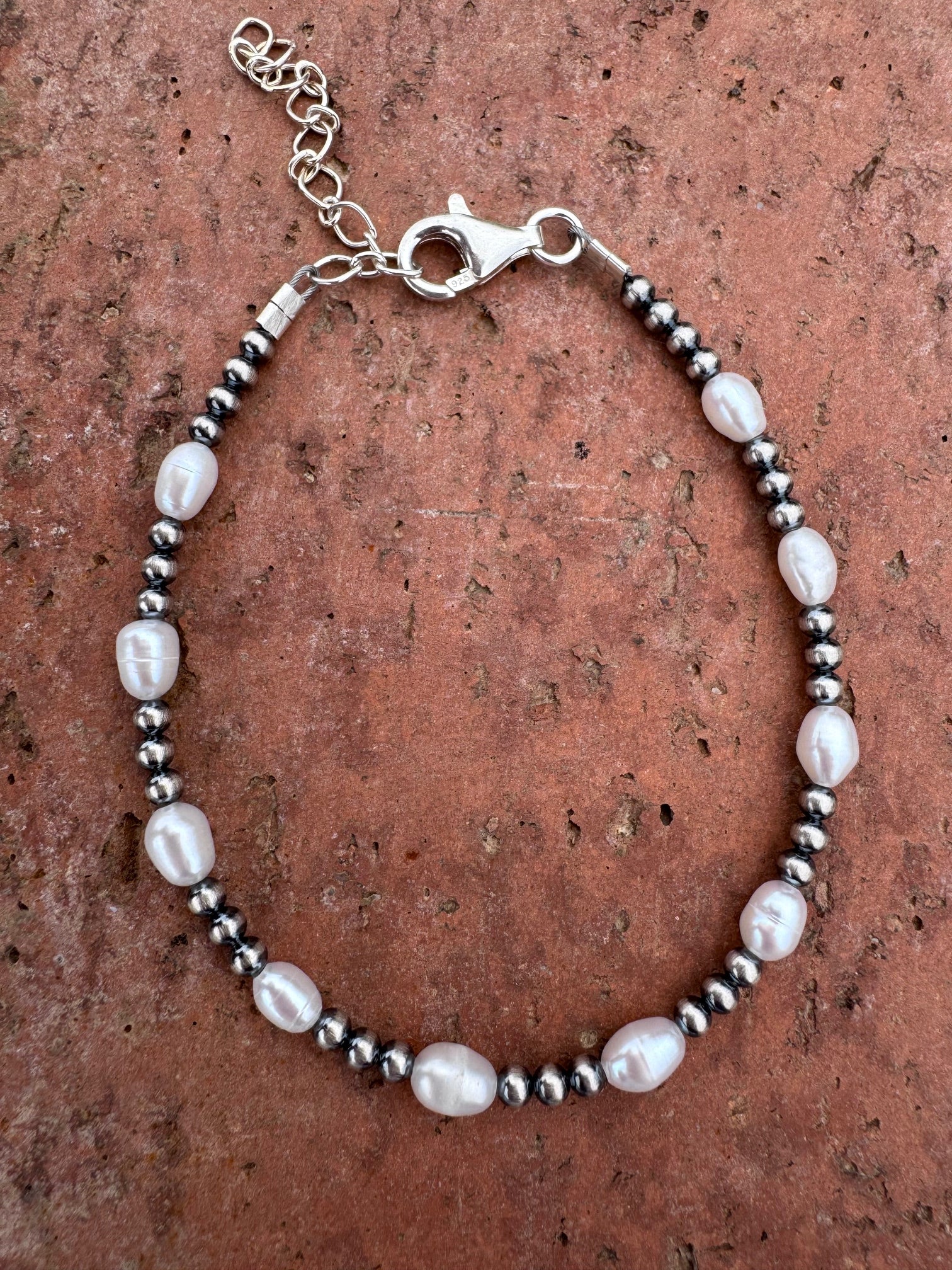 Handcrafted Mother of Pearl & Sterling Silver Pearl 3mm Beaded Bracelet 7.5"